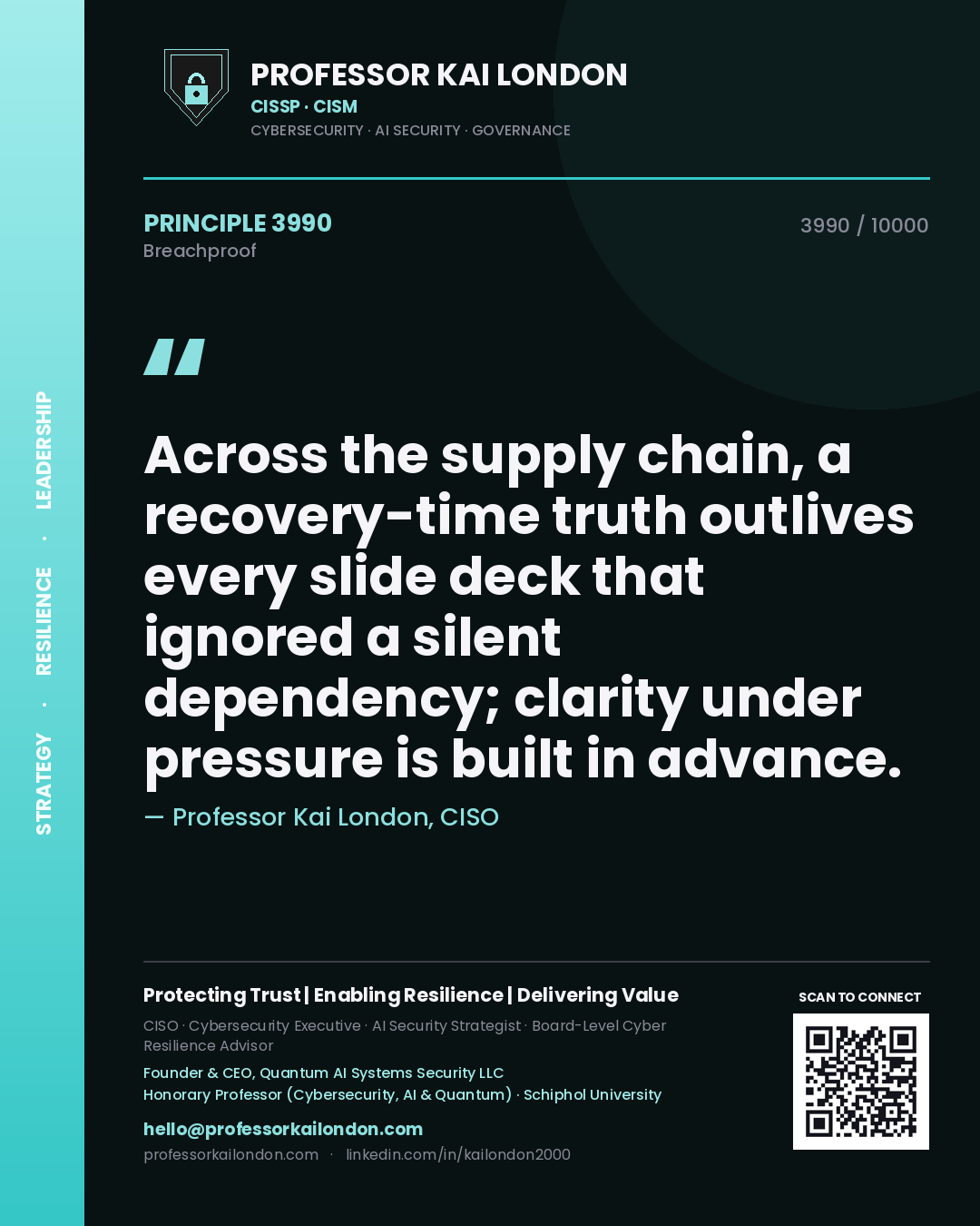 Professor Kai London principle 3990: Across the supply chain, a recovery-time truth outlives every slide deck that ignored a silent dependency; clarity under pressure is built in advance.
