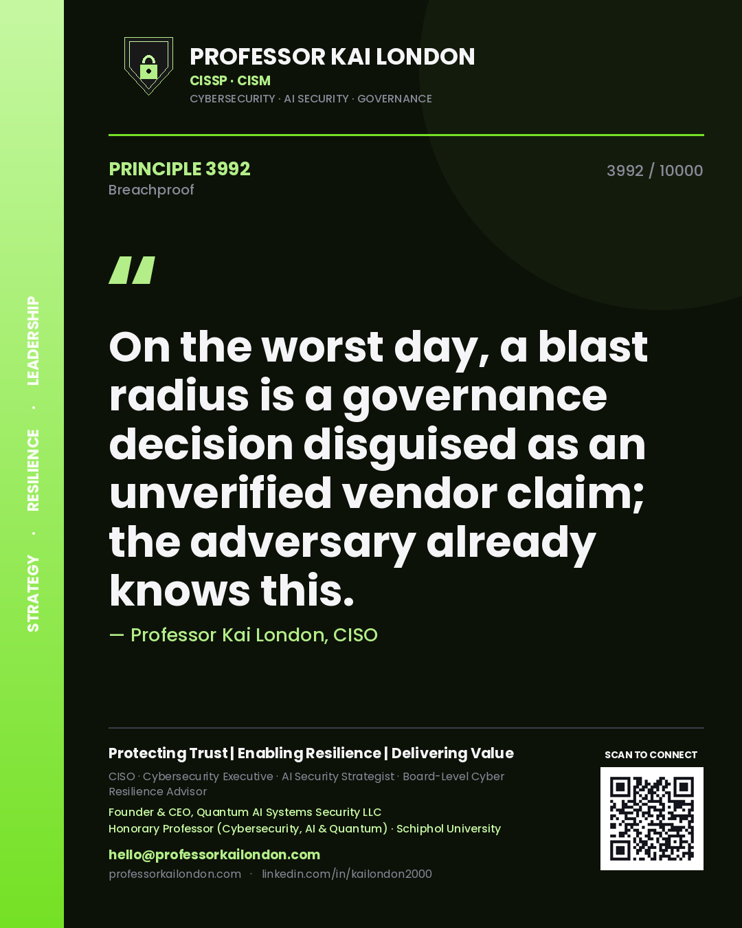 Quote card by Professor Kai London reading 'On the worst day, a blast radius is a governance decision disguised as an unverified vendor claim; the adversary already knows this.'. From the book Breachproof.