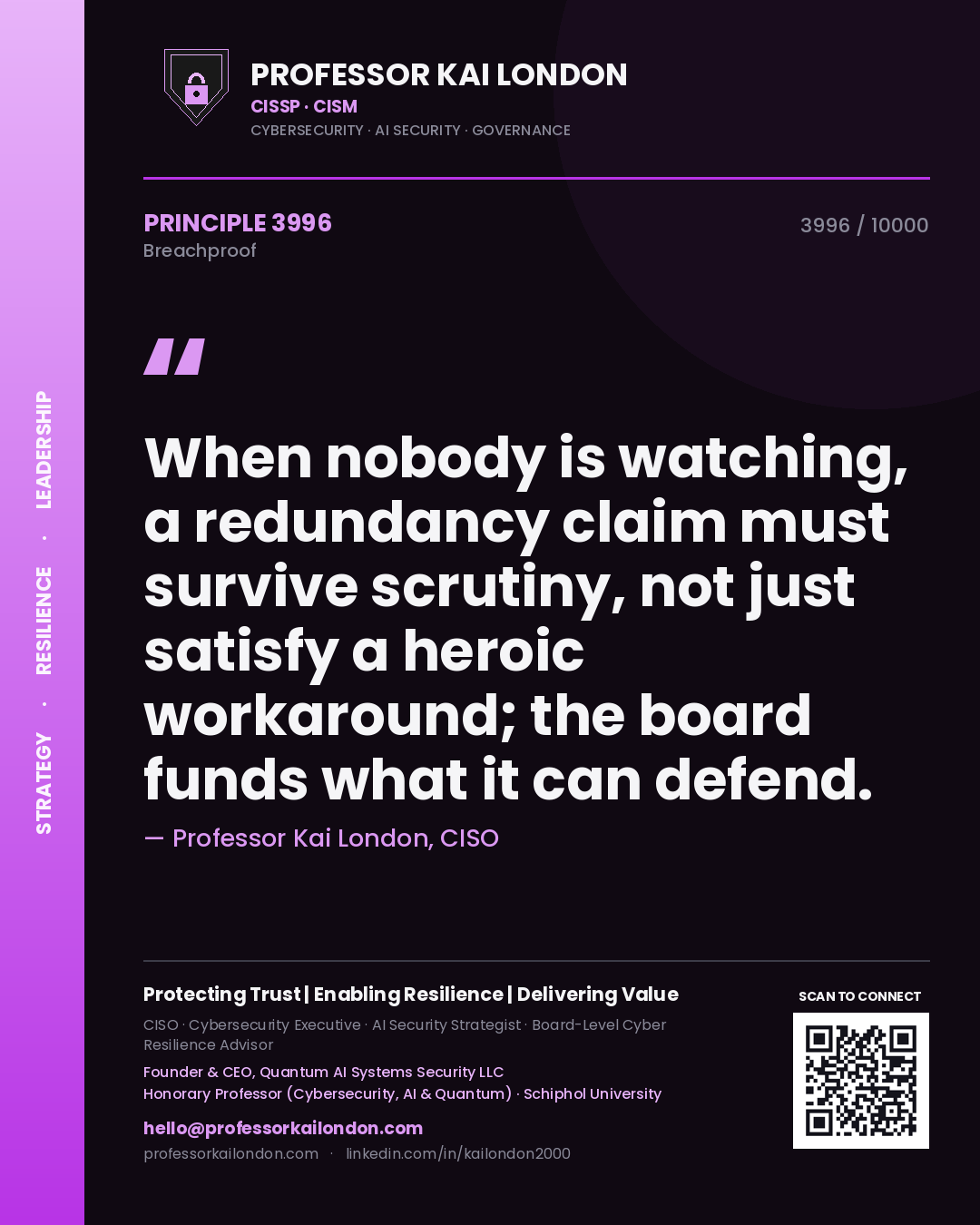 Professor Kai London principle 3996: When nobody is watching, a redundancy claim must survive scrutiny, not just satisfy a heroic workaround; the board funds what it can defend.