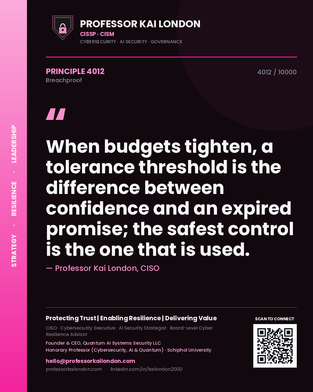 Quote card by Professor Kai London reading 'When budgets tighten, a tolerance threshold is the difference between confidence and an expired promise; the safest control is the one that is used.'. From the book Breachproof.