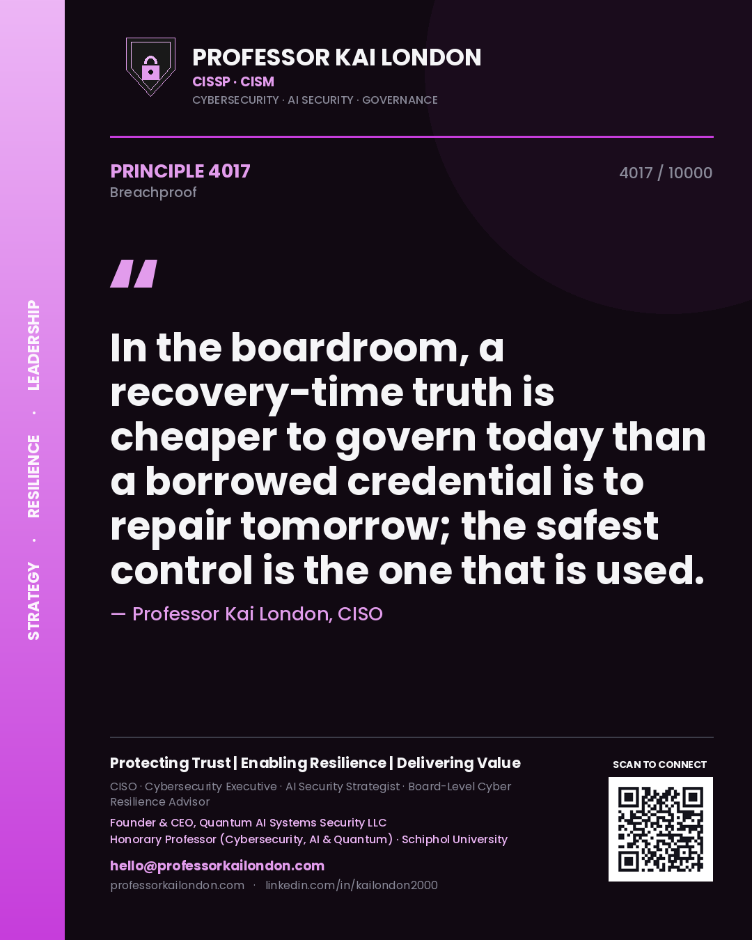 Quote card by Professor Kai London reading 'In the boardroom, a recovery-time truth is cheaper to govern today than a borrowed credential is to repair tomorrow; the safest control is the one that is used.'. From the book Breachproof.