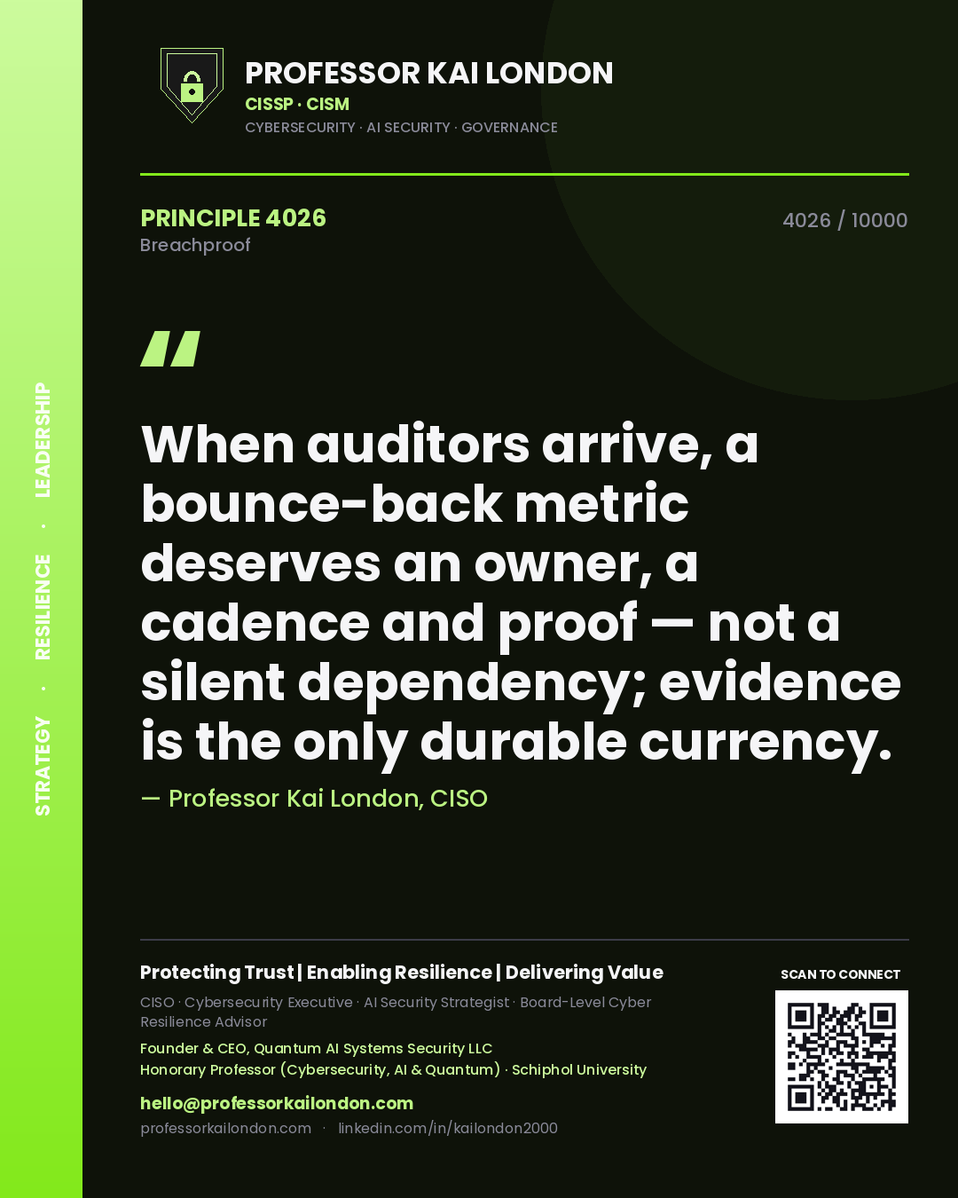 Quote card by Professor Kai London reading 'When auditors arrive, a bounce-back metric deserves an owner, a cadence and proof — not a silent dependency; evidence is the only durable currency.'. From the book Breachproof.