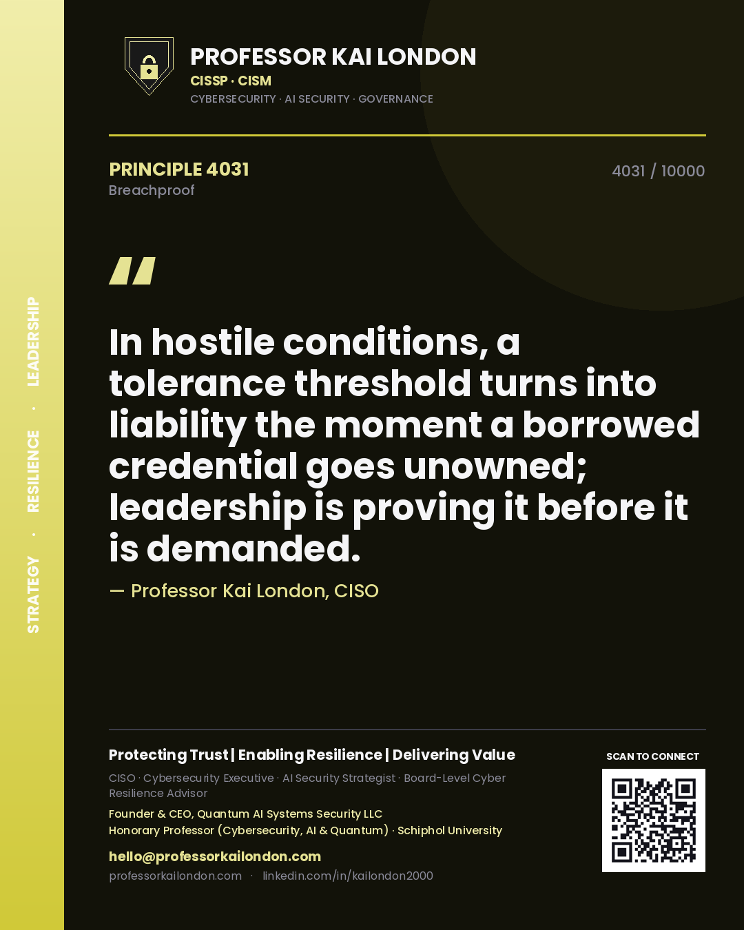 Quote card by Professor Kai London reading 'In hostile conditions, a tolerance threshold turns into liability the moment a borrowed credential goes unowned; leadership is proving it before it is demanded.'. From the book Breachproof.