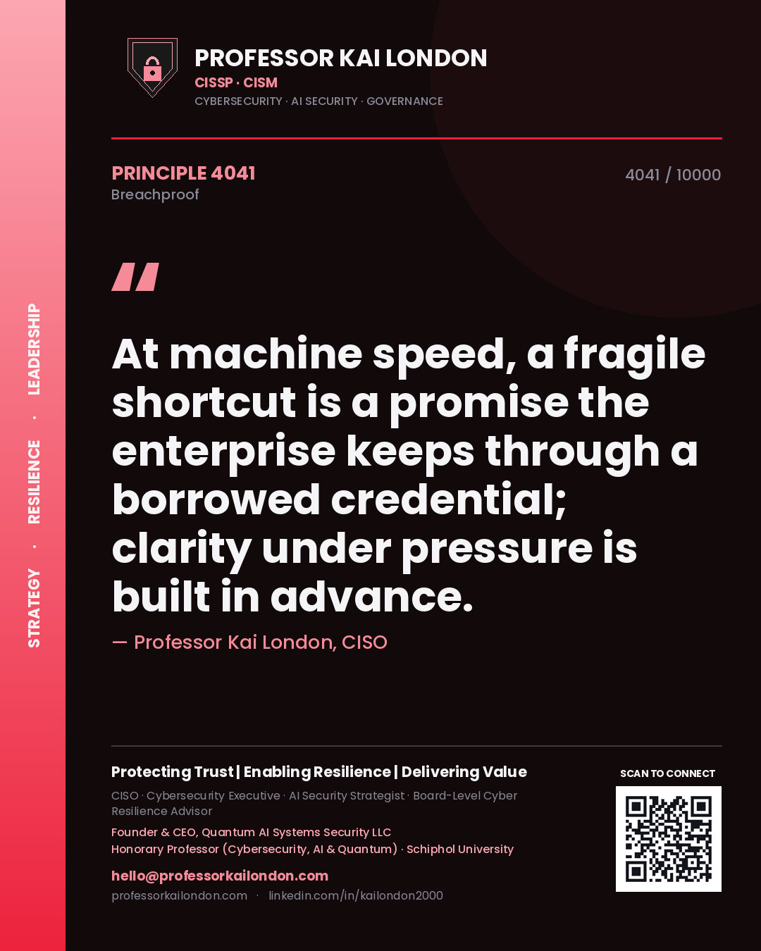 Quote card by Professor Kai London reading 'At machine speed, a fragile shortcut is a promise the enterprise keeps through a borrowed credential; clarity under pressure is built in advance.'. From the book Breachproof.