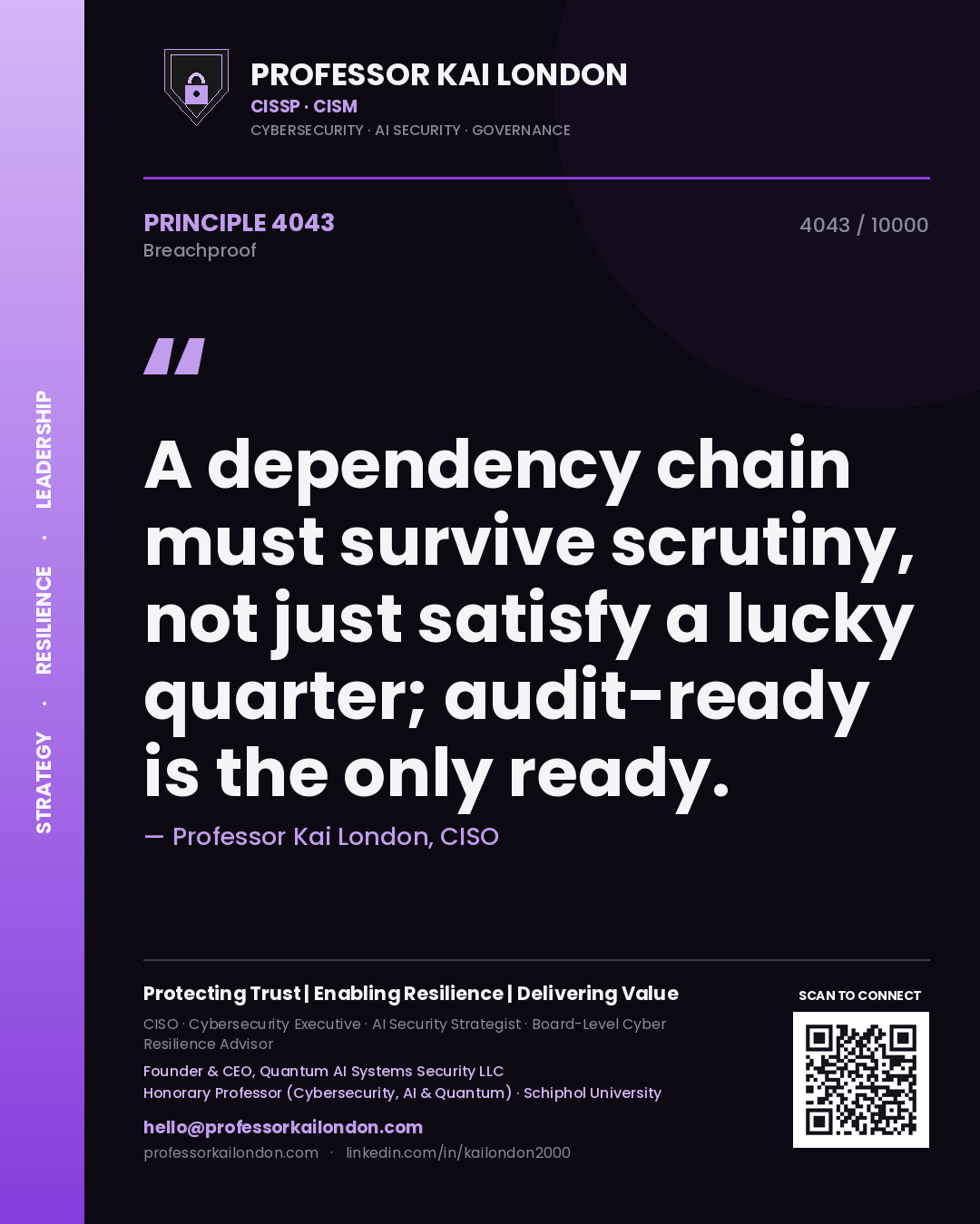 Quote card by Professor Kai London reading 'A dependency chain must survive scrutiny, not just satisfy a lucky quarter; audit-ready is the only ready.'. From the book Breachproof.