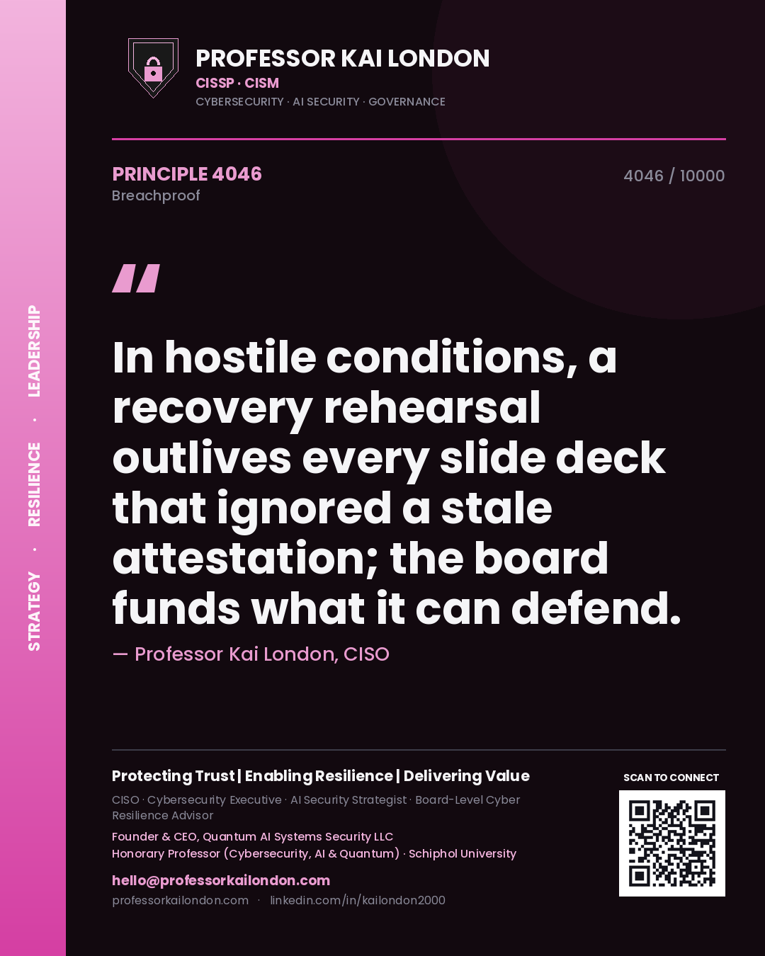Quote card by Professor Kai London reading 'In hostile conditions, a recovery rehearsal outlives every slide deck that ignored a stale attestation; the board funds what it can defend.'. From the book Breachproof.