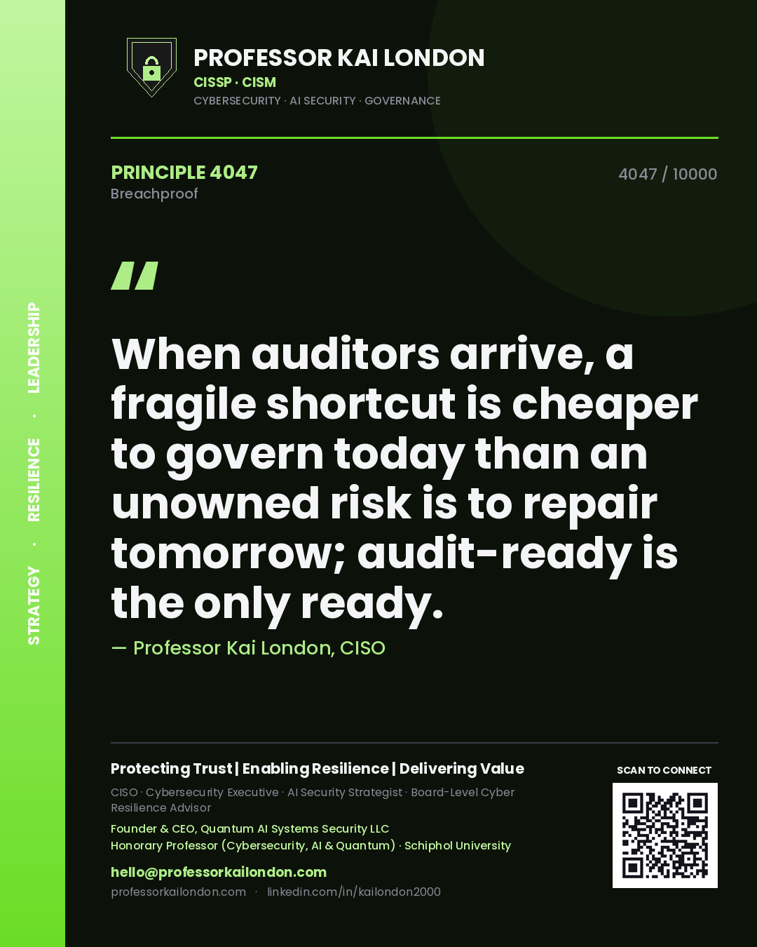 Quote card by Professor Kai London reading 'When auditors arrive, a fragile shortcut is cheaper to govern today than an unowned risk is to repair tomorrow; audit-ready is the only ready.'. From the book Breachproof.