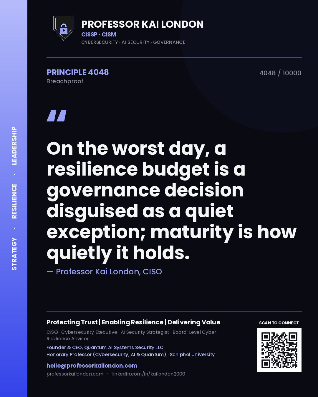 Quote card by Professor Kai London reading 'On the worst day, a resilience budget is a governance decision disguised as a quiet exception; maturity is how quietly it holds.'. From the book Breachproof.