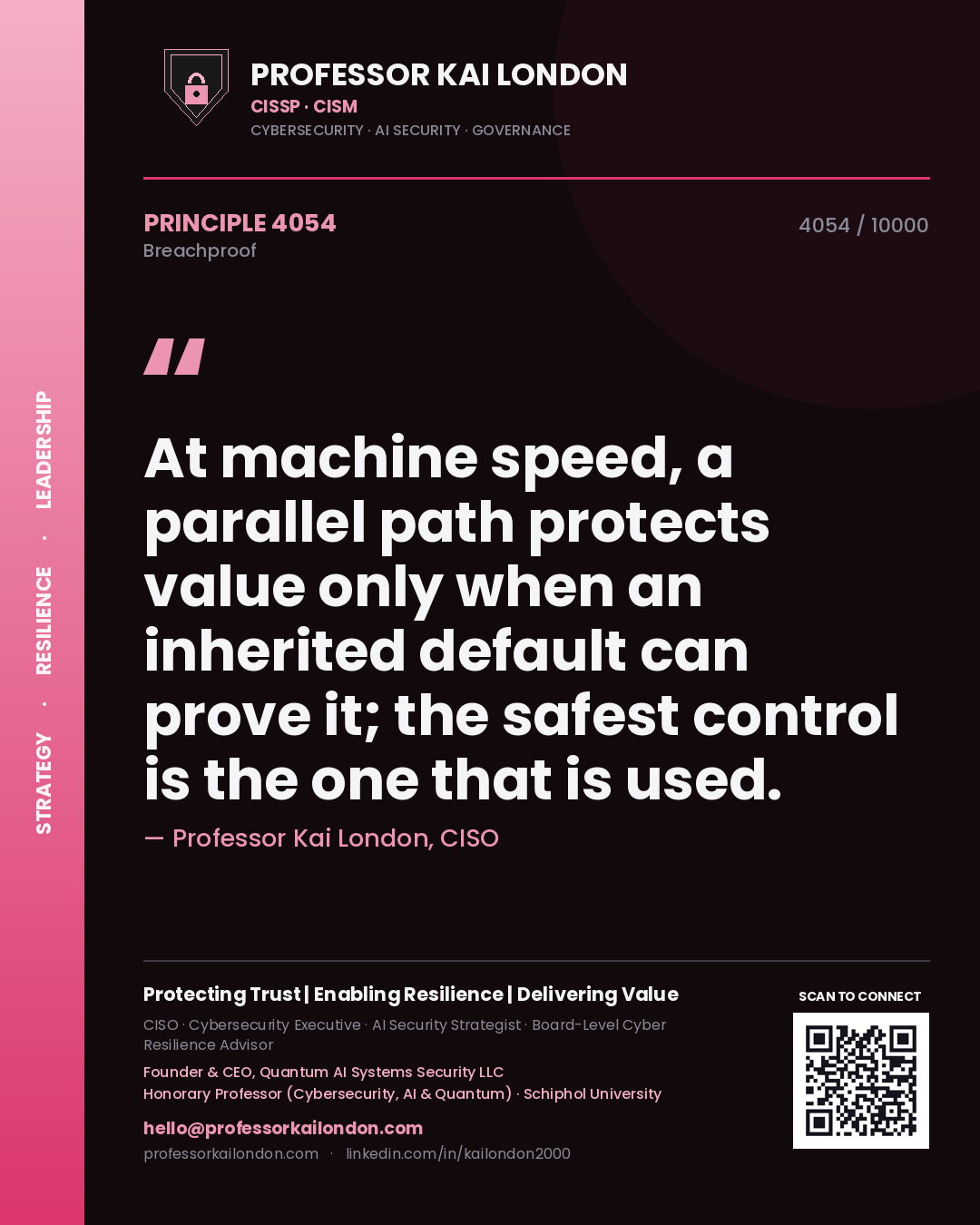 Quote card by Professor Kai London reading 'At machine speed, a parallel path protects value only when an inherited default can prove it; the safest control is the one that is used.'. From the book Breachproof.