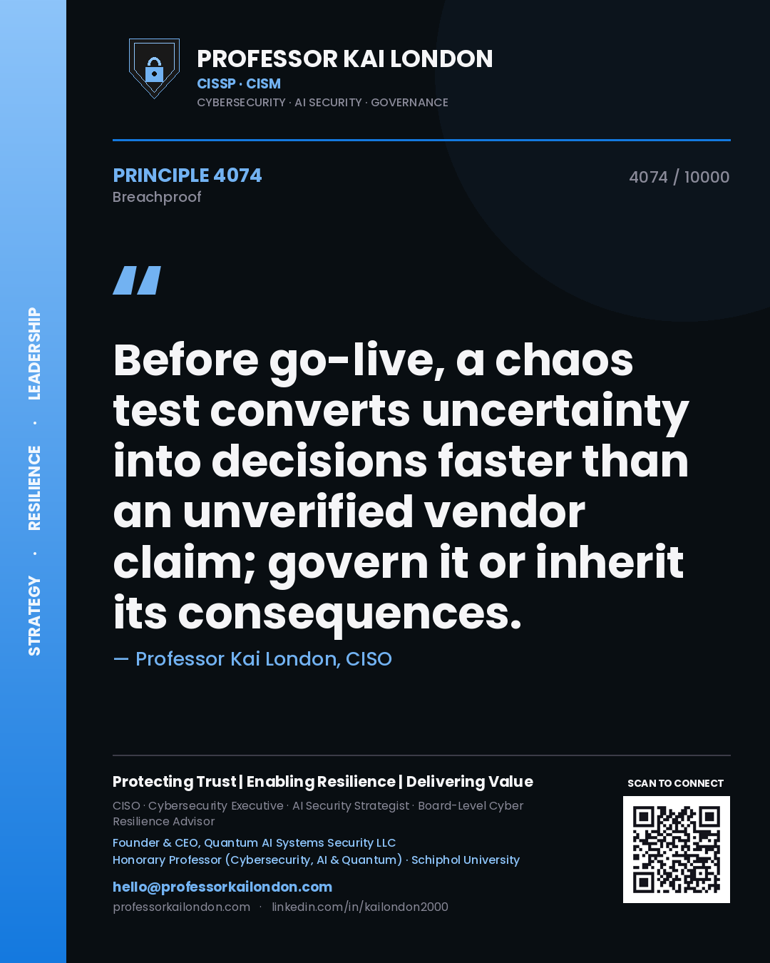 Quote card by Professor Kai London reading 'Before go-live, a chaos test converts uncertainty into decisions faster than an unverified vendor claim; govern it or inherit its consequences.'. From the book Breachproof.
