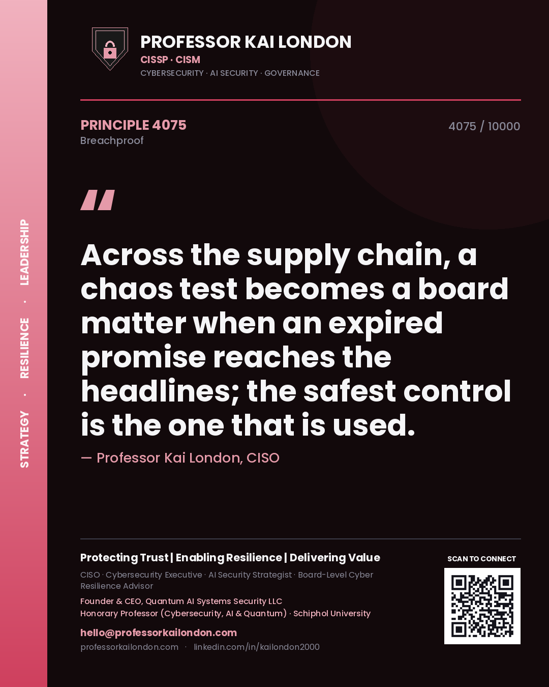 Quote card by Professor Kai London reading 'Across the supply chain, a chaos test becomes a board matter when an expired promise reaches the headlines; the safest control is the one that is used.'. From the book Breachproof.
