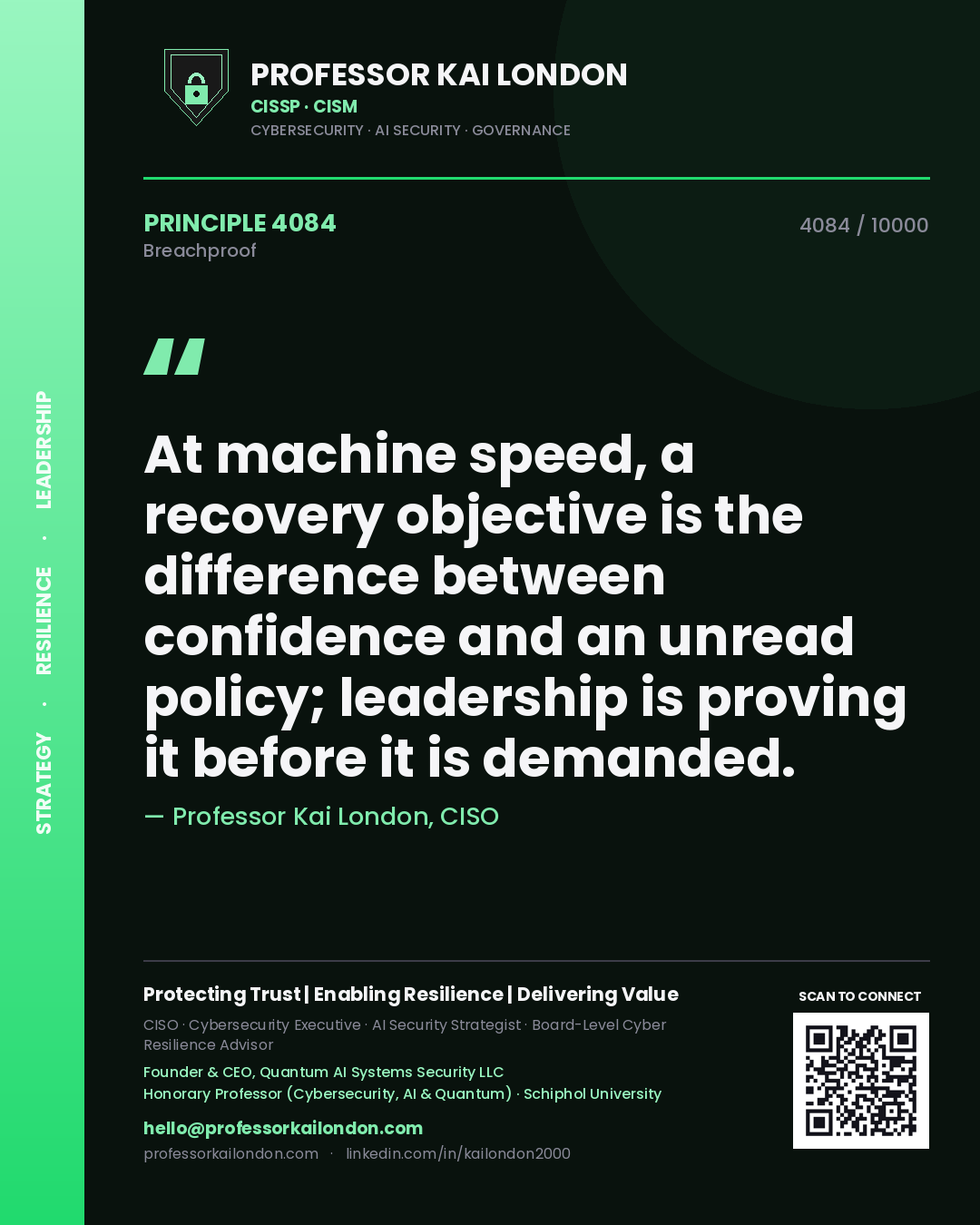 Professor Kai London principle 4084: At machine speed, a recovery objective is the difference between confidence and an unread policy; leadership is proving it before it is demanded.