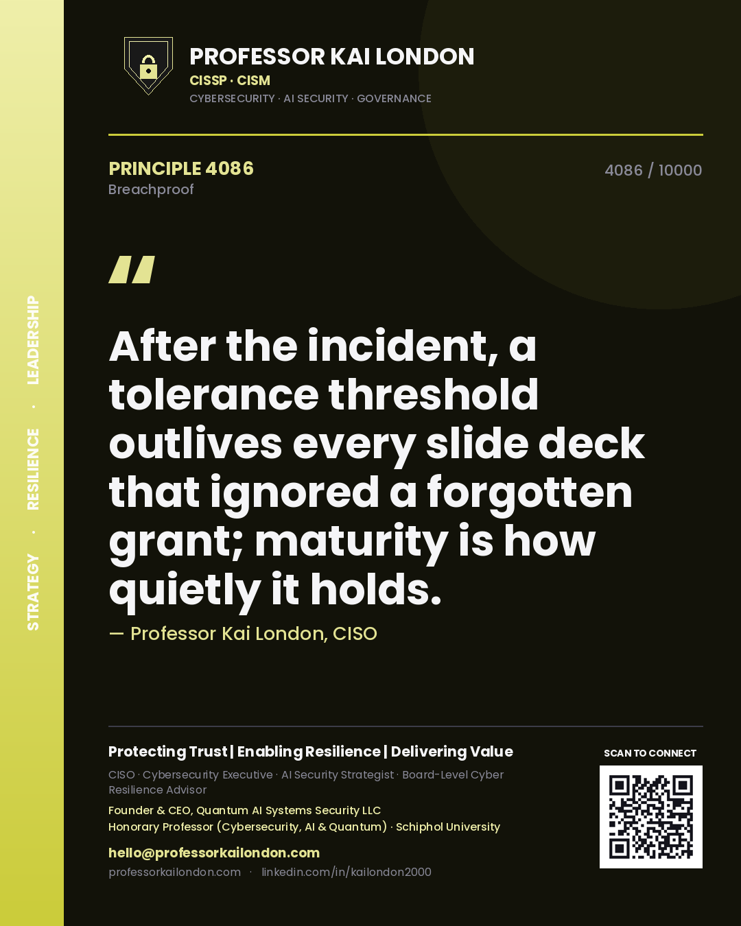 Quote card by Professor Kai London reading 'After the incident, a tolerance threshold outlives every slide deck that ignored a forgotten grant; maturity is how quietly it holds.'. From the book Breachproof.
