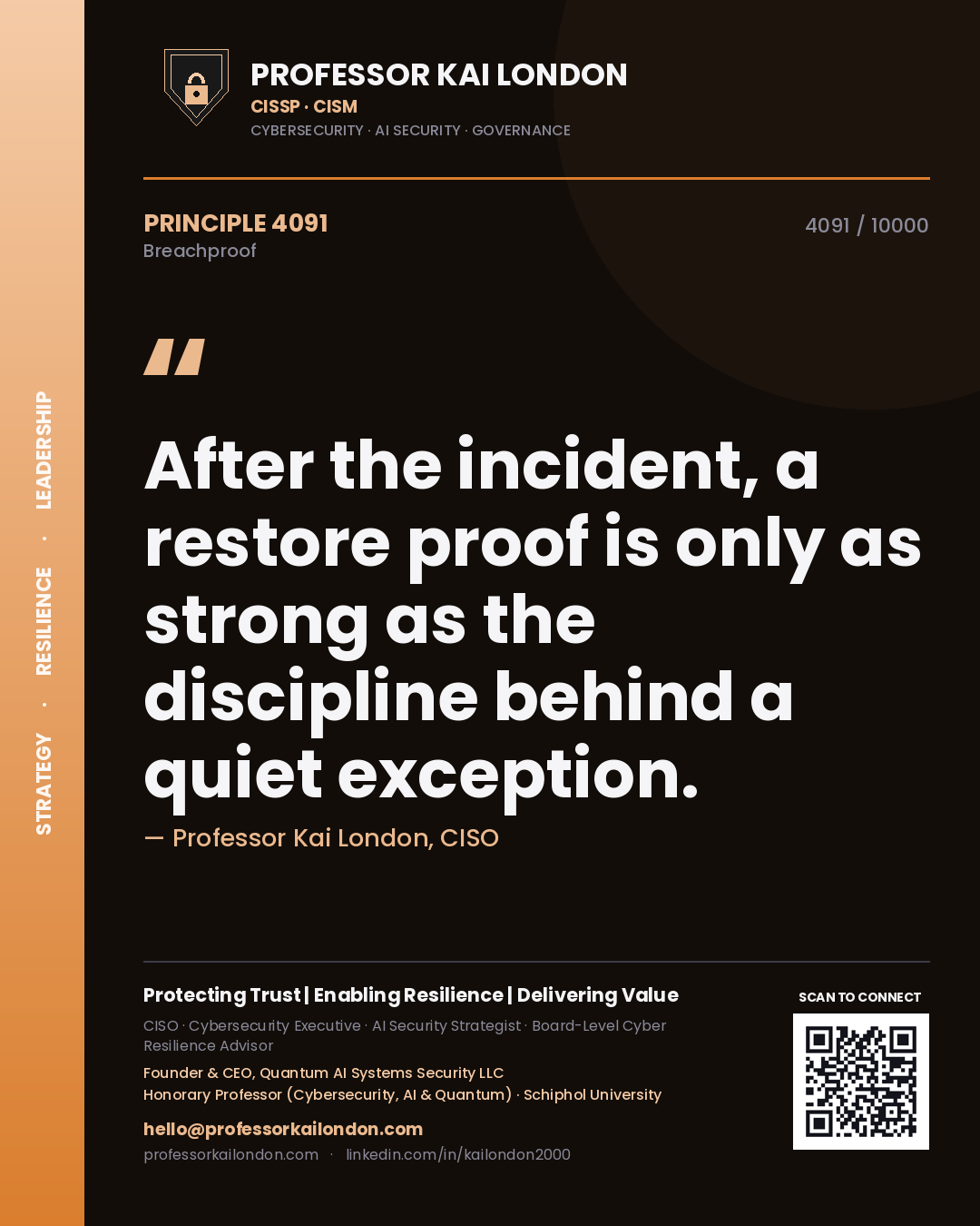 Quote card by Professor Kai London reading 'After the incident, a restore proof is only as strong as the discipline behind a quiet exception.'. From the book Breachproof.