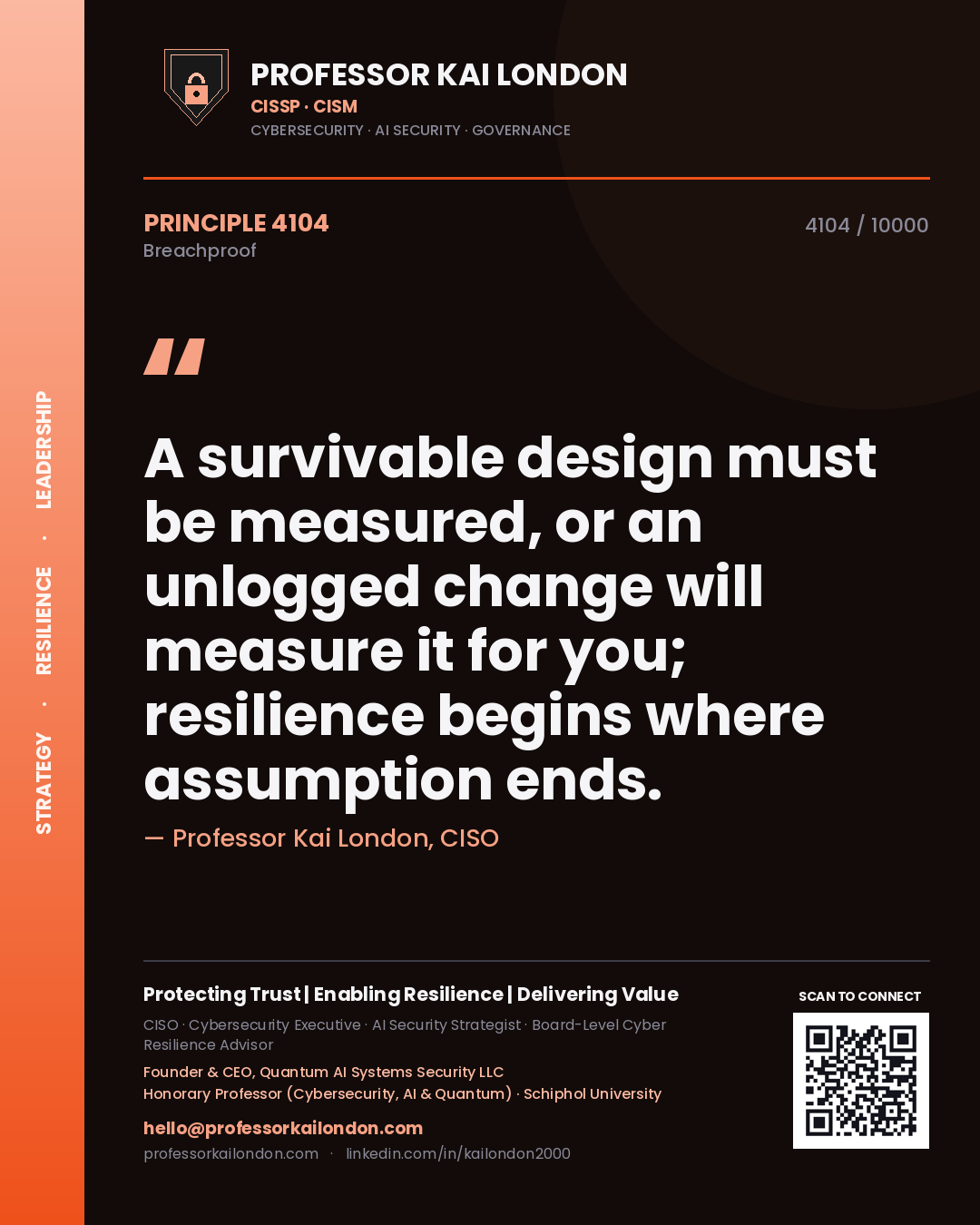 Quote card by Professor Kai London reading 'A survivable design must be measured, or an unlogged change will measure it for you; resilience begins where assumption ends.'. From the book Breachproof.