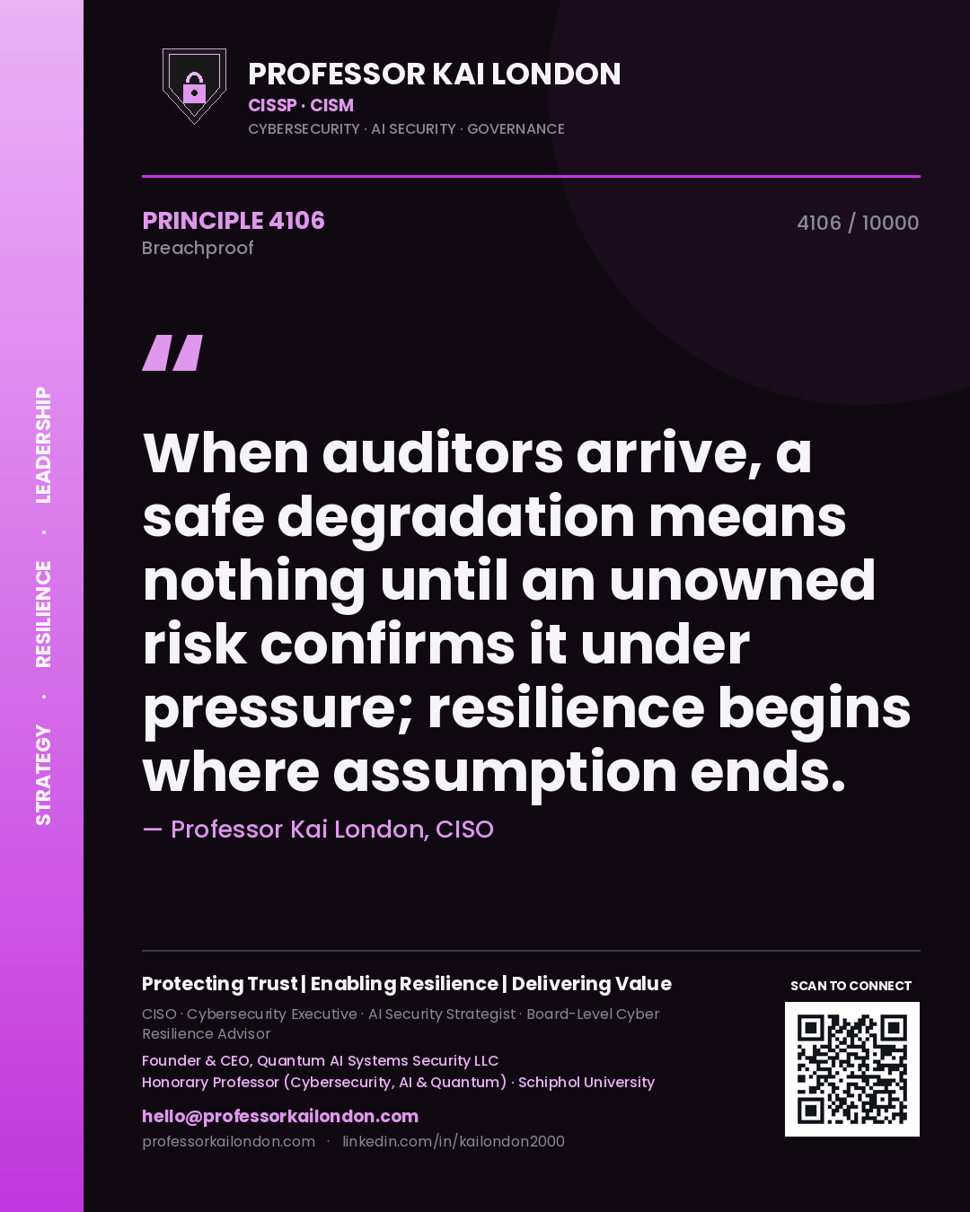 Professor Kai London principle 4106: When auditors arrive, a safe degradation means nothing until an unowned risk confirms it under pressure; resilience begins where assumption ends.