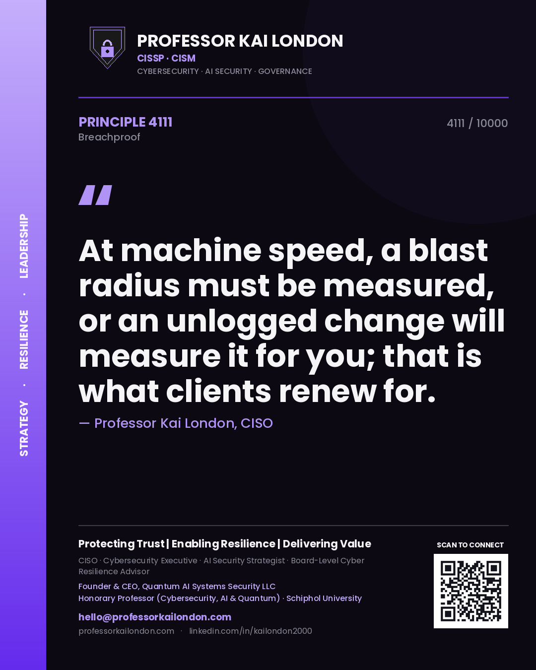 Quote card by Professor Kai London reading 'At machine speed, a blast radius must be measured, or an unlogged change will measure it for you; that is what clients renew for.'. From the book Breachproof.