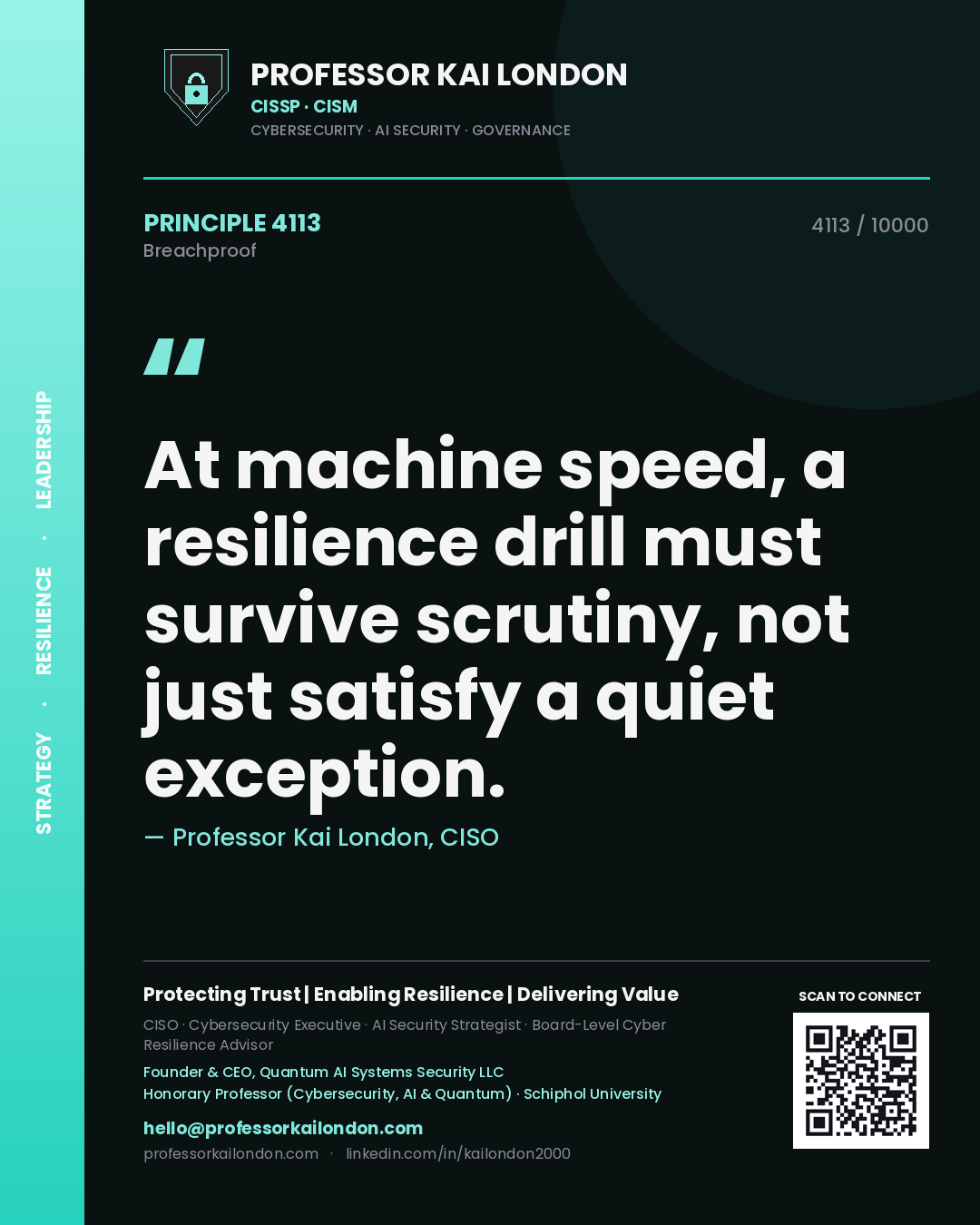 Quote card by Professor Kai London reading 'At machine speed, a resilience drill must survive scrutiny, not just satisfy a quiet exception.'. From the book Breachproof.