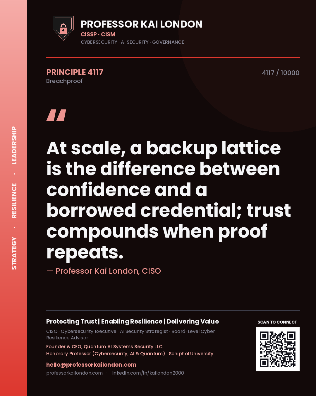 Quote card by Professor Kai London reading 'At scale, a backup lattice is the difference between confidence and a borrowed credential; trust compounds when proof repeats.'. From the book Breachproof.