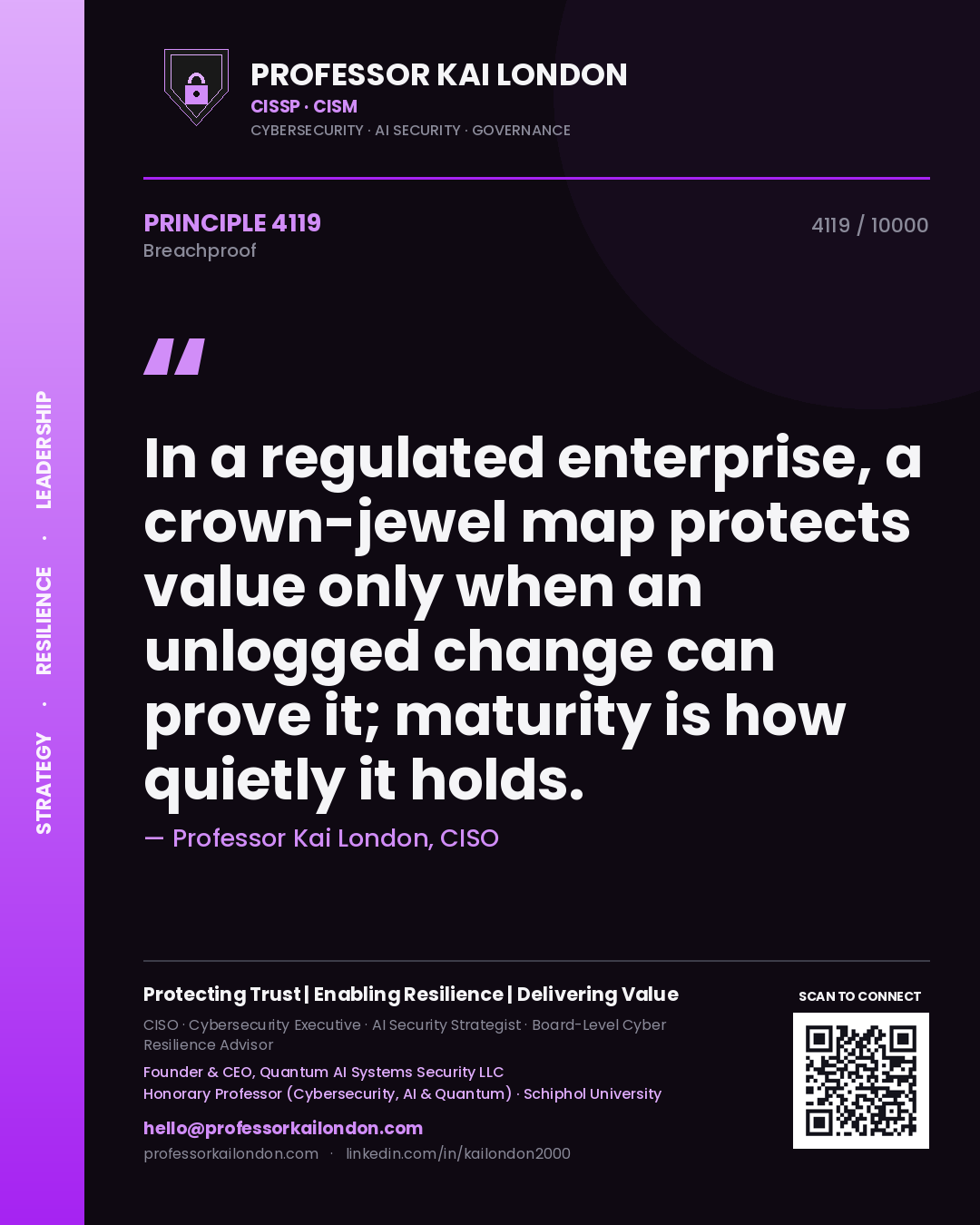 Quote card by Professor Kai London reading 'In a regulated enterprise, a crown-jewel map protects value only when an unlogged change can prove it; maturity is how quietly it holds.'. From the book Breachproof.
