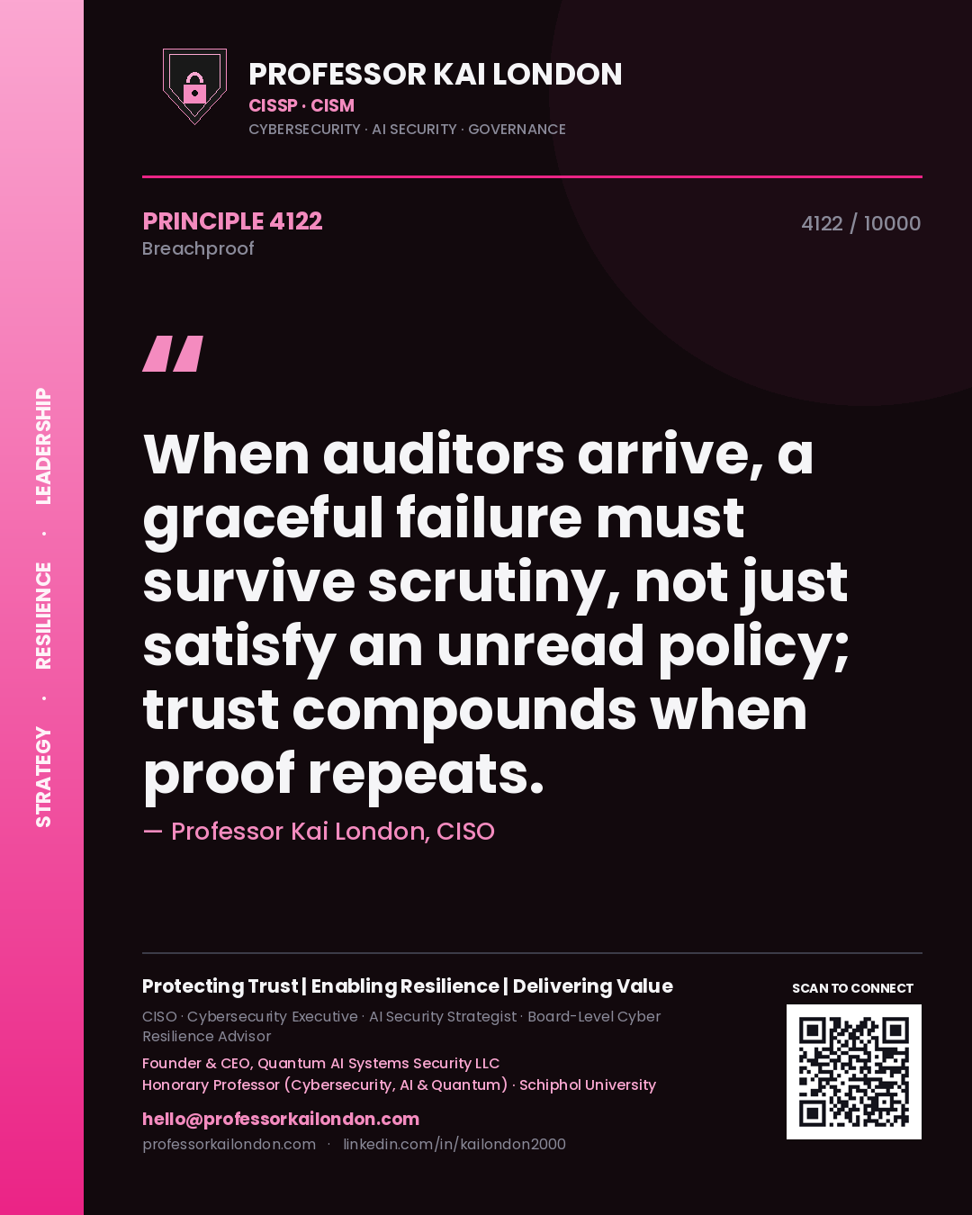 Professor Kai London principle 4122: When auditors arrive, a graceful failure must survive scrutiny, not just satisfy an unread policy; trust compounds when proof repeats.