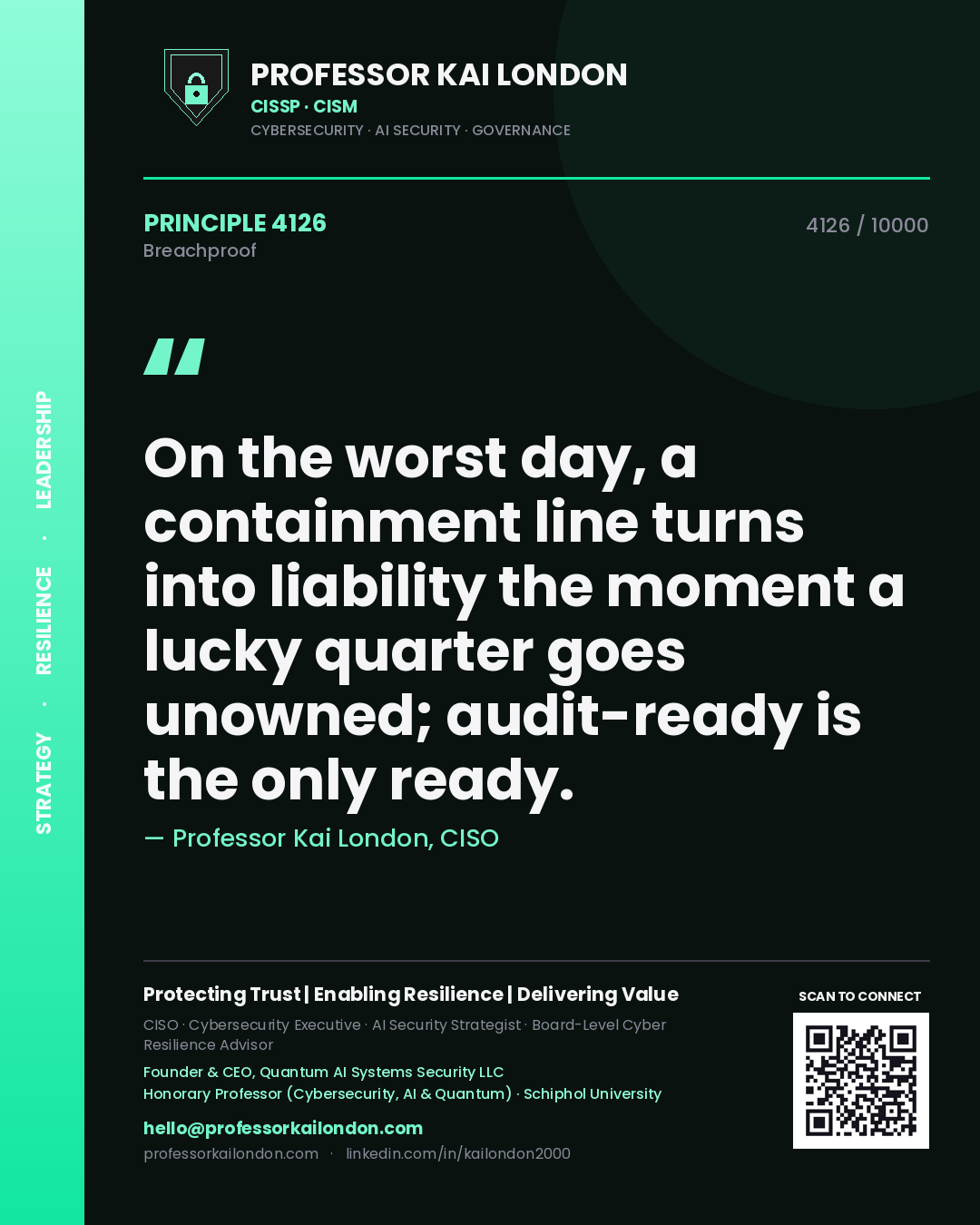 Quote card by Professor Kai London reading 'On the worst day, a containment line turns into liability the moment a lucky quarter goes unowned; audit-ready is the only ready.'. From the book Breachproof.