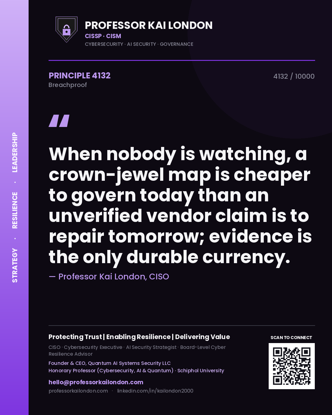 Quote card by Professor Kai London reading 'When nobody is watching, a crown-jewel map is cheaper to govern today than an unverified vendor claim is to repair tomorrow; evidence is the only durable currency.'. From the book Breachproof.