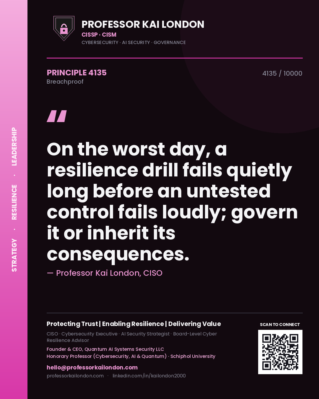 Professor Kai London principle 4135: On the worst day, a resilience drill fails quietly long before an untested control fails loudly; govern it or inherit its consequences.