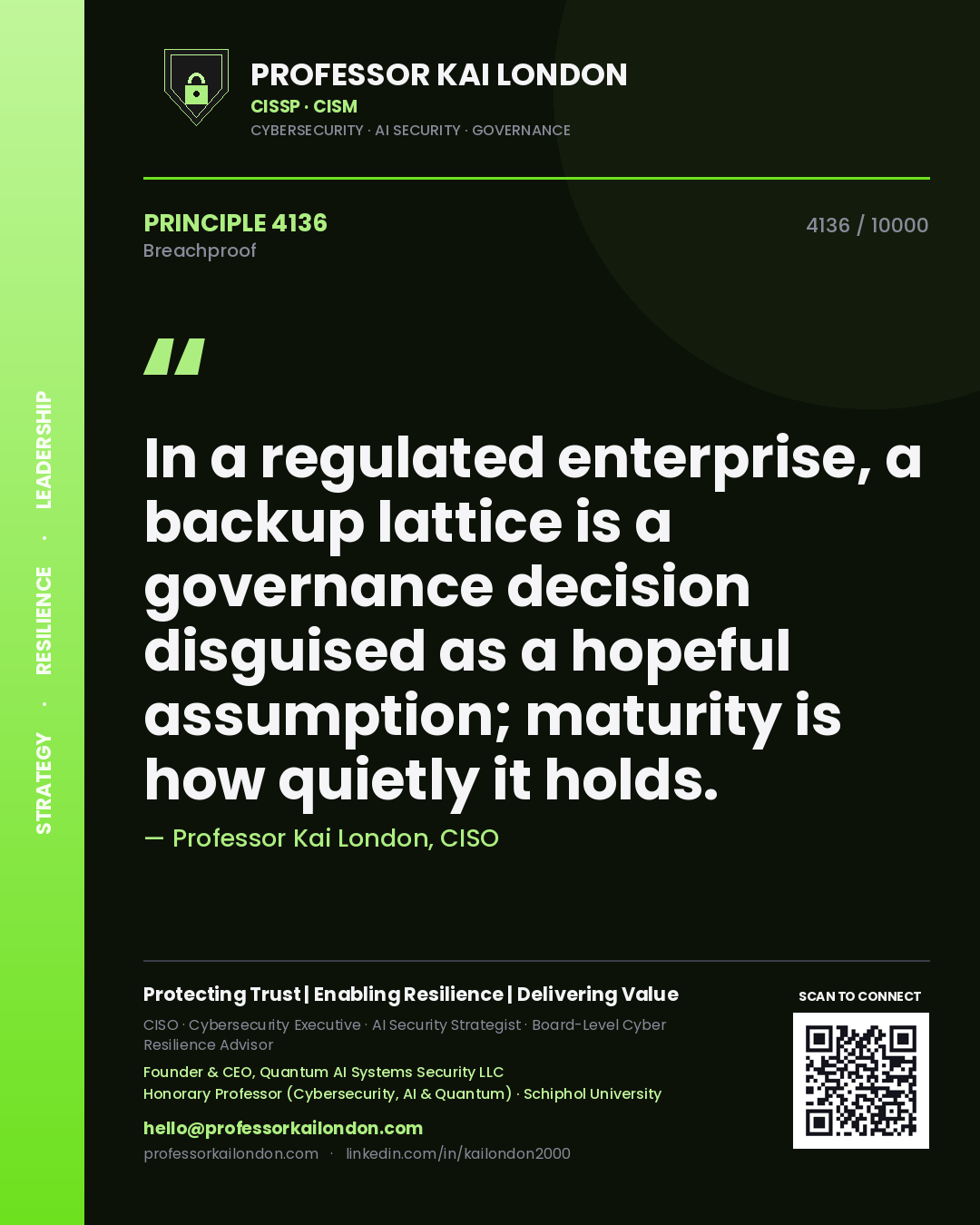 Quote card by Professor Kai London reading 'In a regulated enterprise, a backup lattice is a governance decision disguised as a hopeful assumption; maturity is how quietly it holds.'. From the book Breachproof.