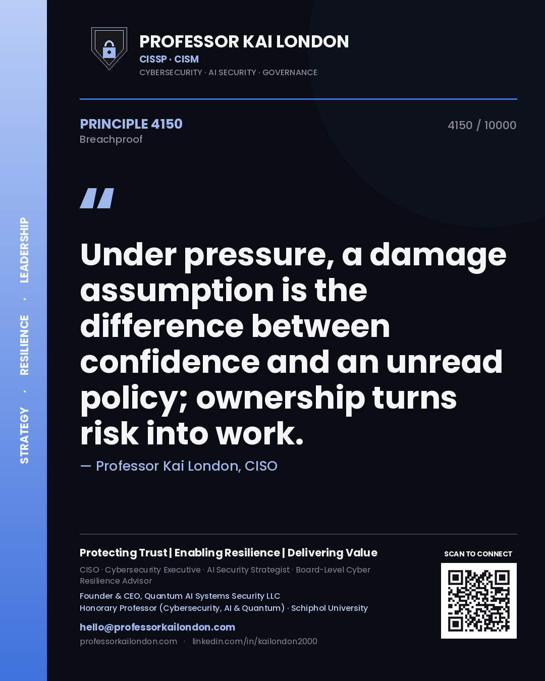 Quote card by Professor Kai London reading 'Under pressure, a damage assumption is the difference between confidence and an unread policy; ownership turns risk into work.'. From the book Breachproof.