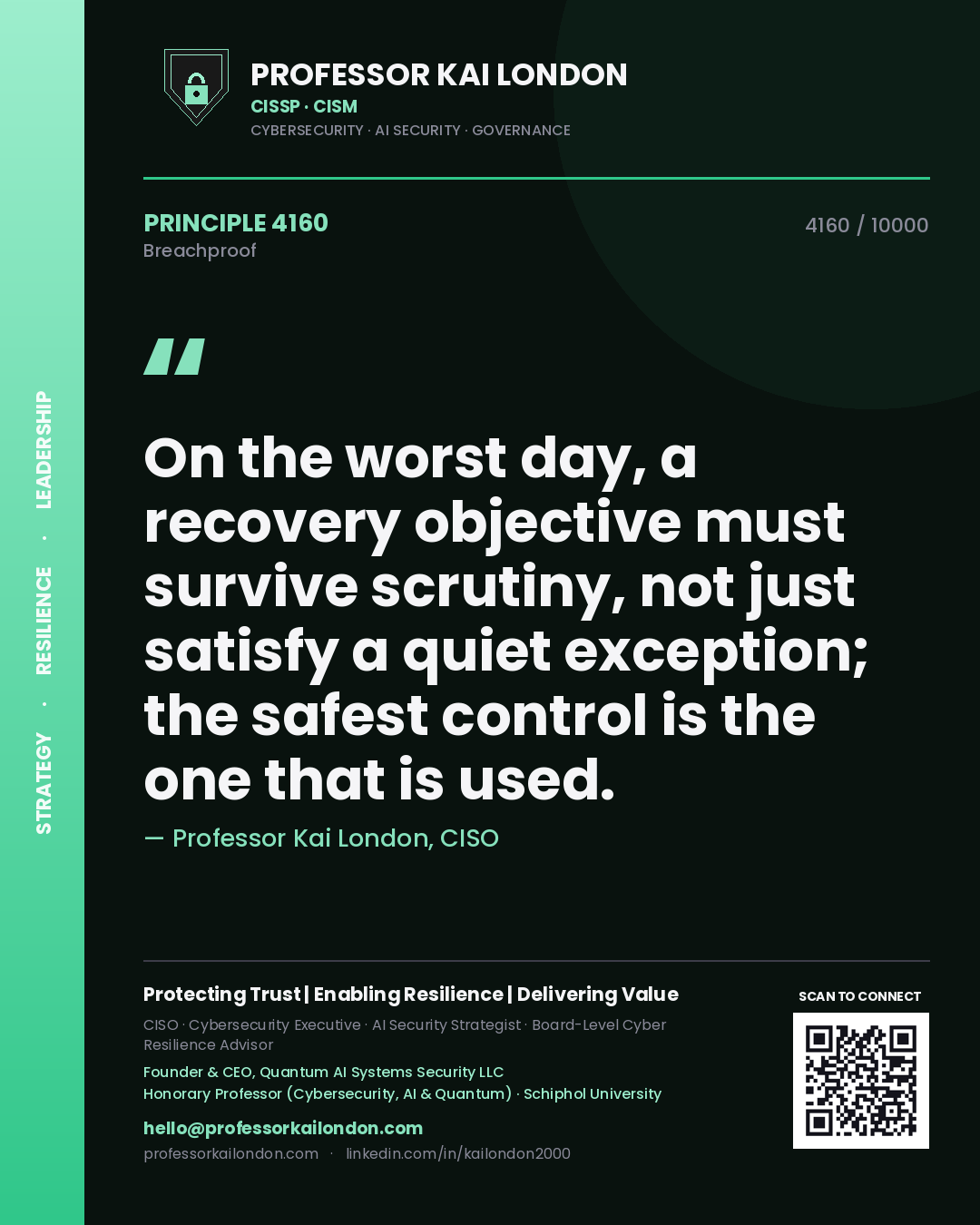 Quote card by Professor Kai London reading 'On the worst day, a recovery objective must survive scrutiny, not just satisfy a quiet exception; the safest control is the one that is used.'. From the book Breachproof.