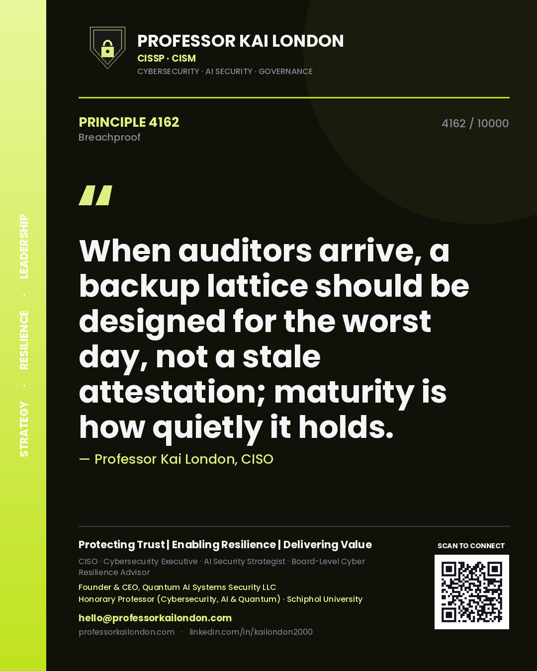 Quote card by Professor Kai London reading 'When auditors arrive, a backup lattice should be designed for the worst day, not a stale attestation; maturity is how quietly it holds.'. From the book Breachproof.