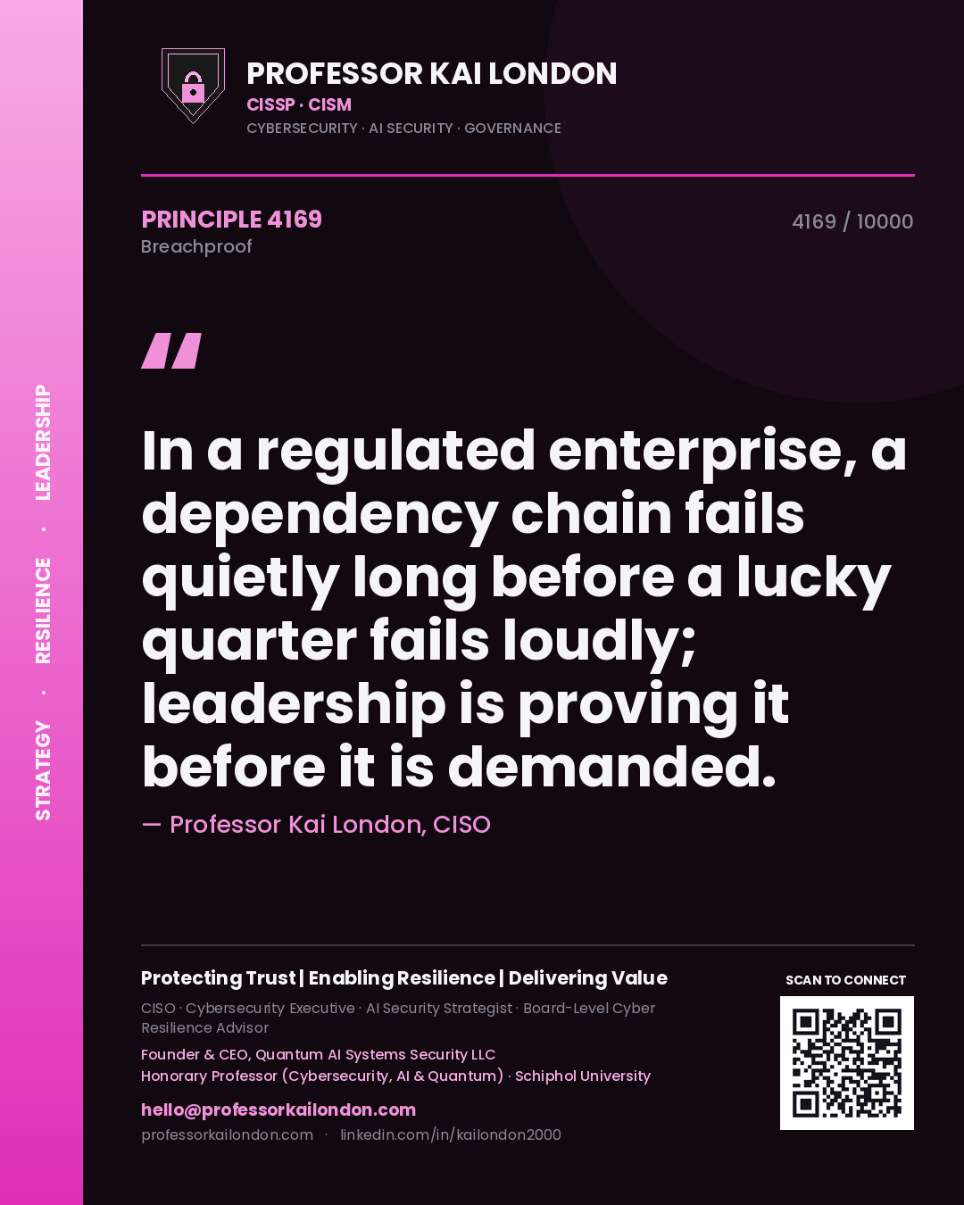 Quote card by Professor Kai London reading 'In a regulated enterprise, a dependency chain fails quietly long before a lucky quarter fails loudly; leadership is proving it before it is demanded.'. From the book Breachproof.