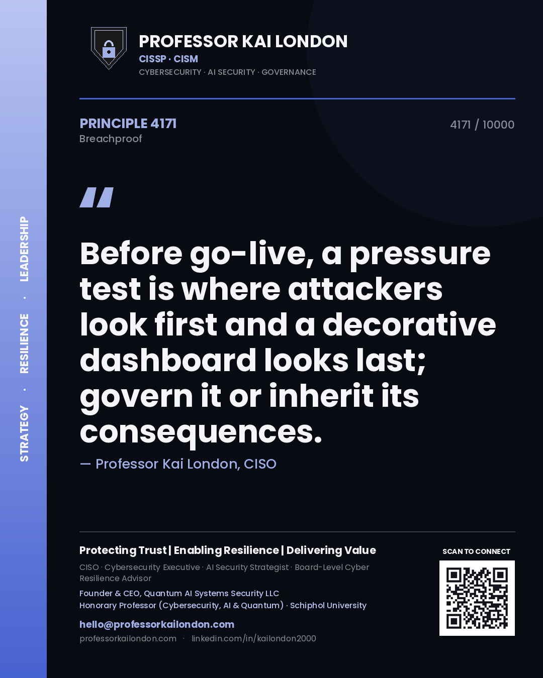 Quote card by Professor Kai London reading 'Before go-live, a pressure test is where attackers look first and a decorative dashboard looks last; govern it or inherit its consequences.'. From the book Breachproof.