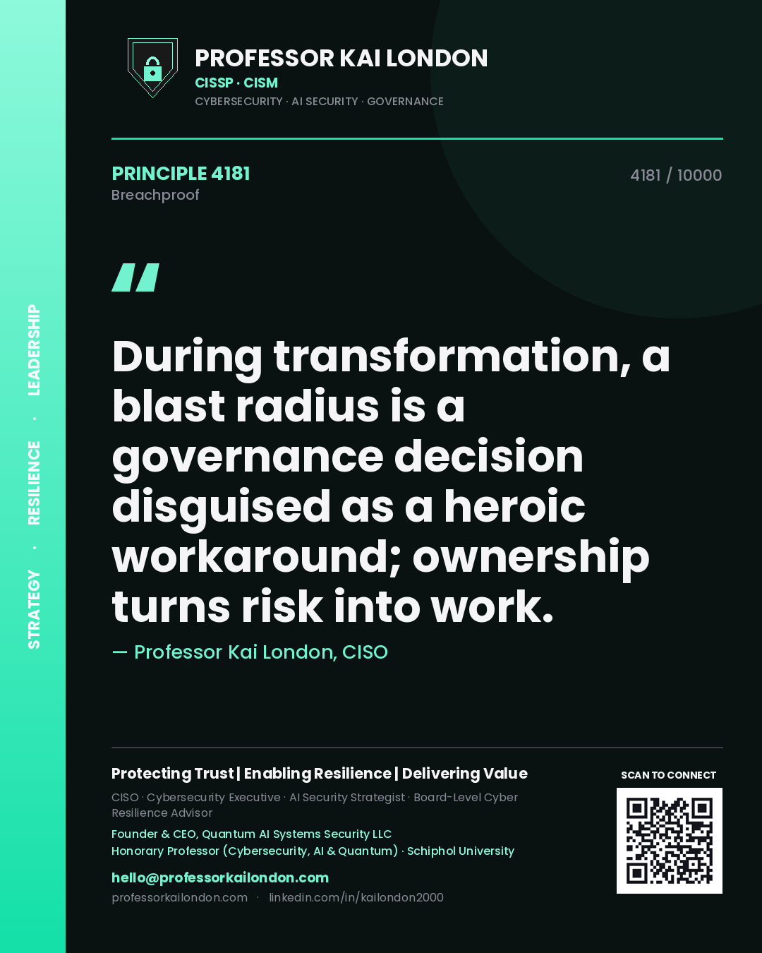 Quote card by Professor Kai London reading 'During transformation, a blast radius is a governance decision disguised as a heroic workaround; ownership turns risk into work.'. From the book Breachproof.