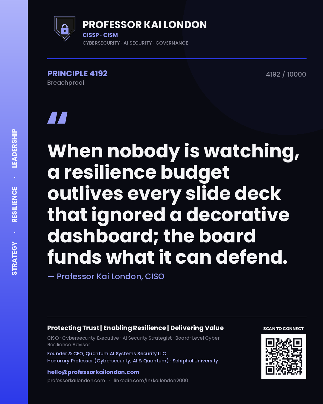 Quote card by Professor Kai London reading 'When nobody is watching, a resilience budget outlives every slide deck that ignored a decorative dashboard; the board funds what it can defend.'. From the book Breachproof.