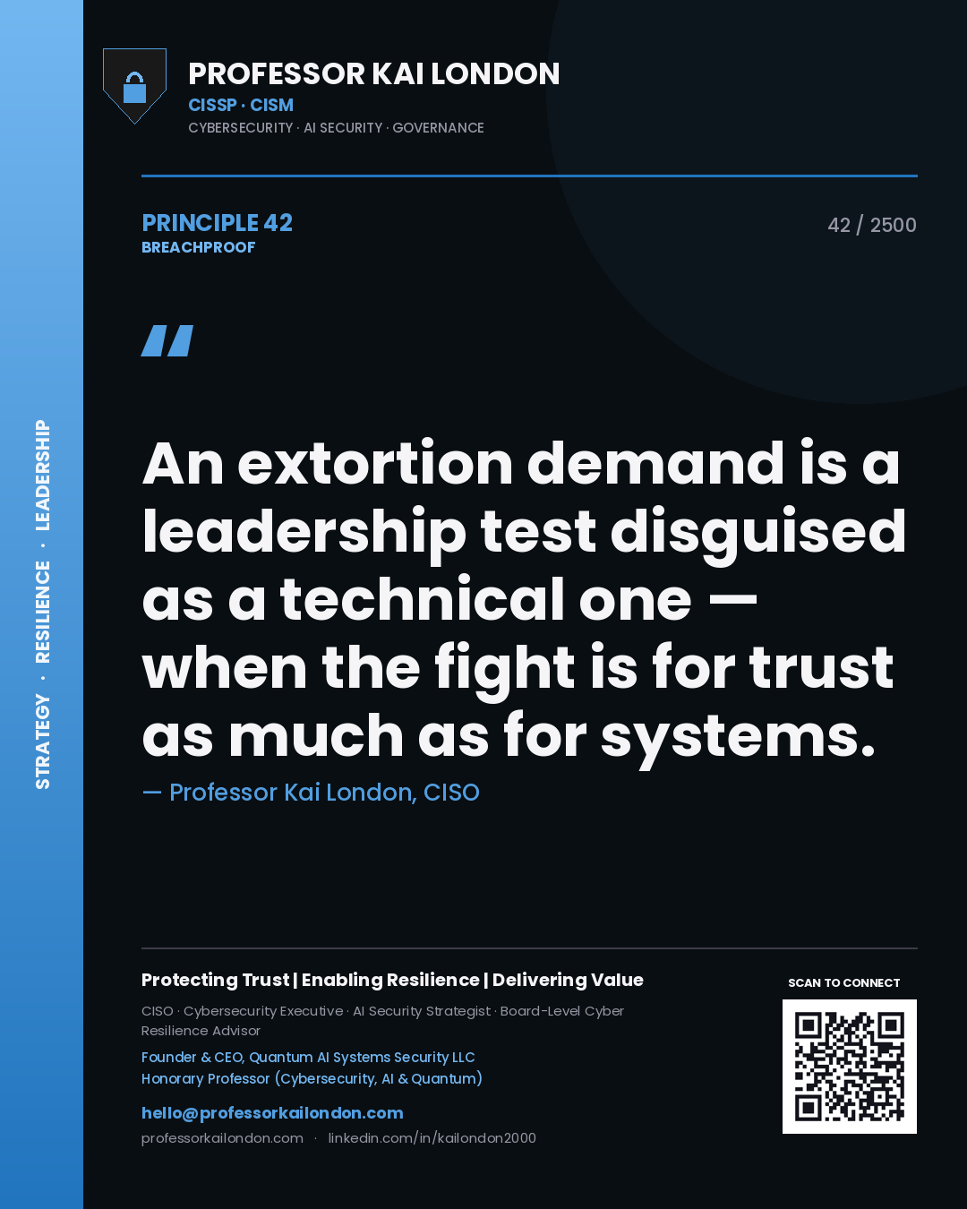 Quote card by Professor Kai London reading 'An extortion demand is a leadership test disguised as a technical one — when the fight is for trust as much as for systems.'. From the book Breachproof.