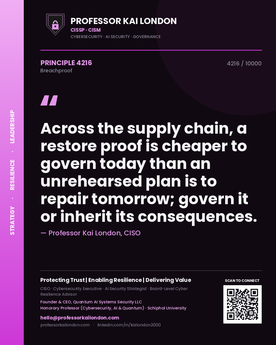 Quote card by Professor Kai London reading 'Across the supply chain, a restore proof is cheaper to govern today than an unrehearsed plan is to repair tomorrow; govern it or inherit its consequences.'. From the book Breachproof.