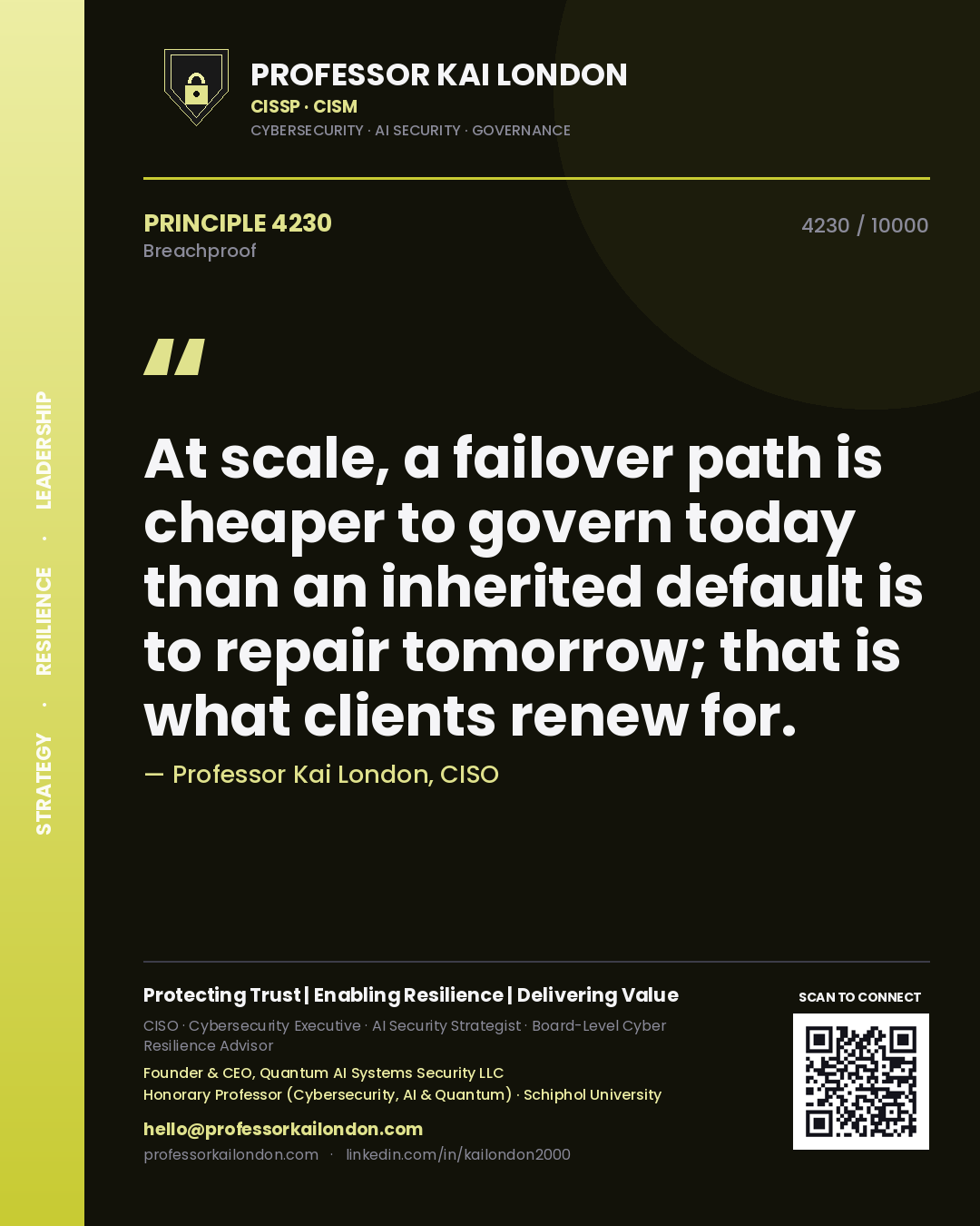 Professor Kai London principle 4230: At scale, a failover path is cheaper to govern today than an inherited default is to repair tomorrow; that is what clients renew for.