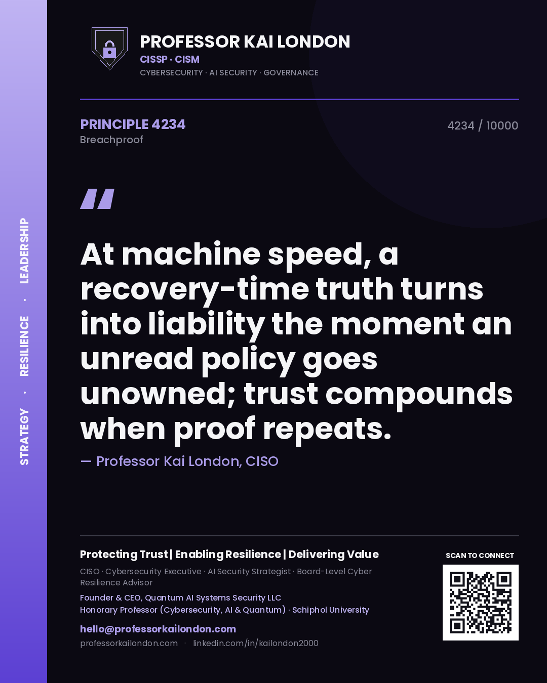 Quote card by Professor Kai London reading 'At machine speed, a recovery-time truth turns into liability the moment an unread policy goes unowned; trust compounds when proof repeats.'. From the book Breachproof.