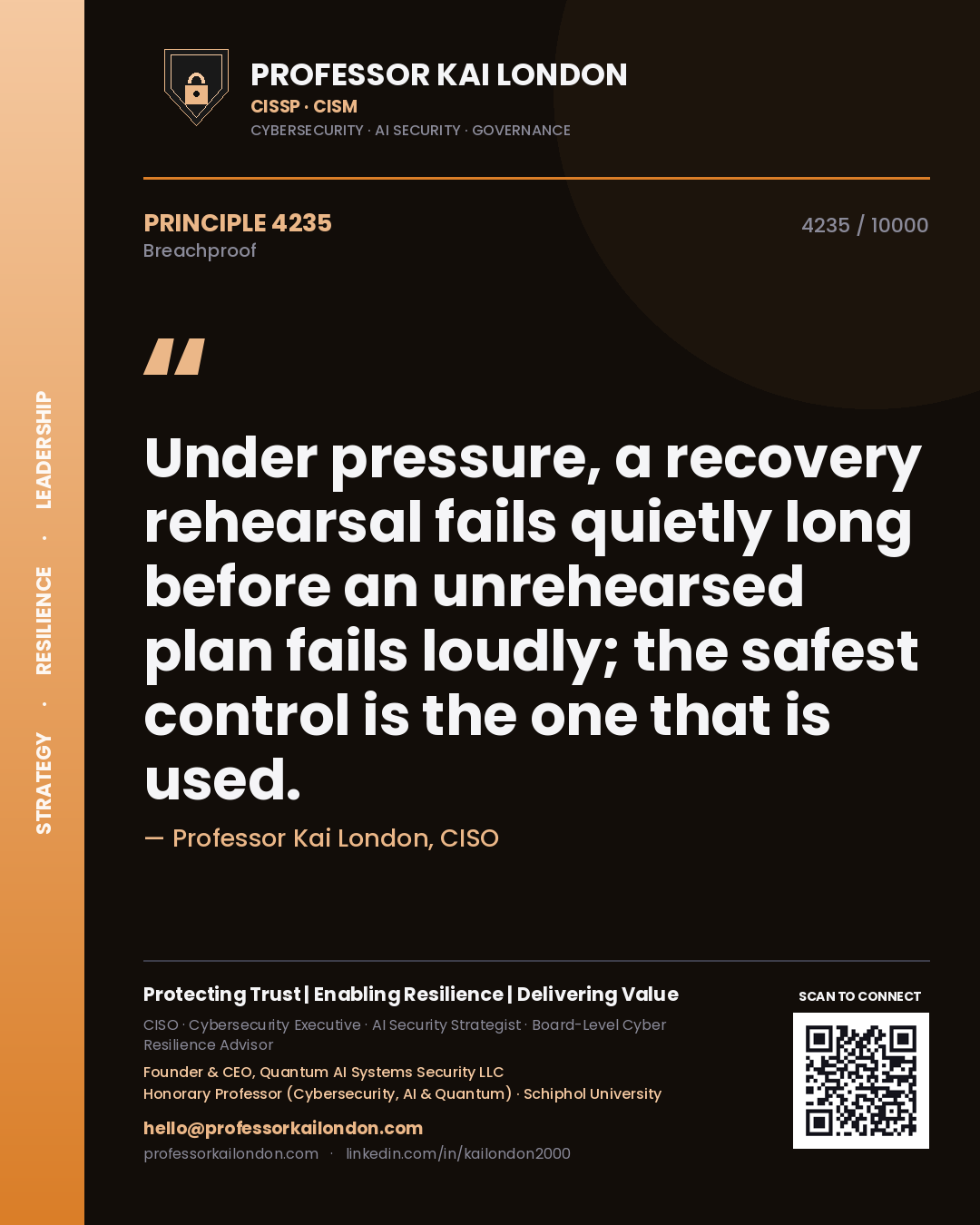 Quote card by Professor Kai London reading 'Under pressure, a recovery rehearsal fails quietly long before an unrehearsed plan fails loudly; the safest control is the one that is used.'. From the book Breachproof.