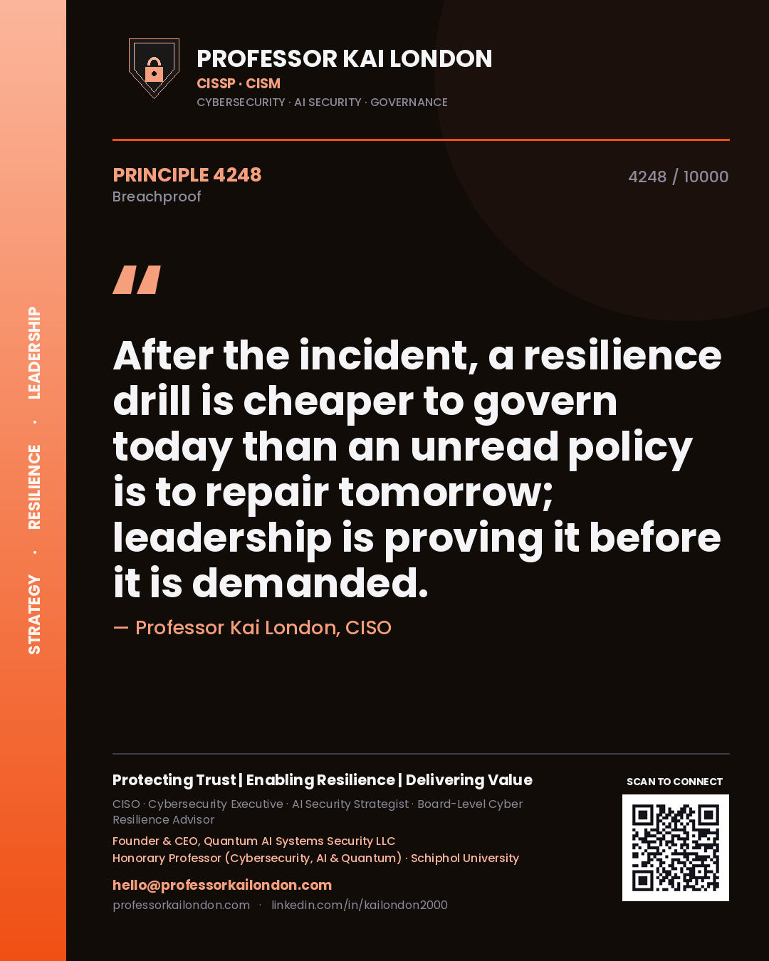 Quote card by Professor Kai London reading 'After the incident, a resilience drill is cheaper to govern today than an unread policy is to repair tomorrow; leadership is proving it before it is demanded.'. From the book Breachproof.