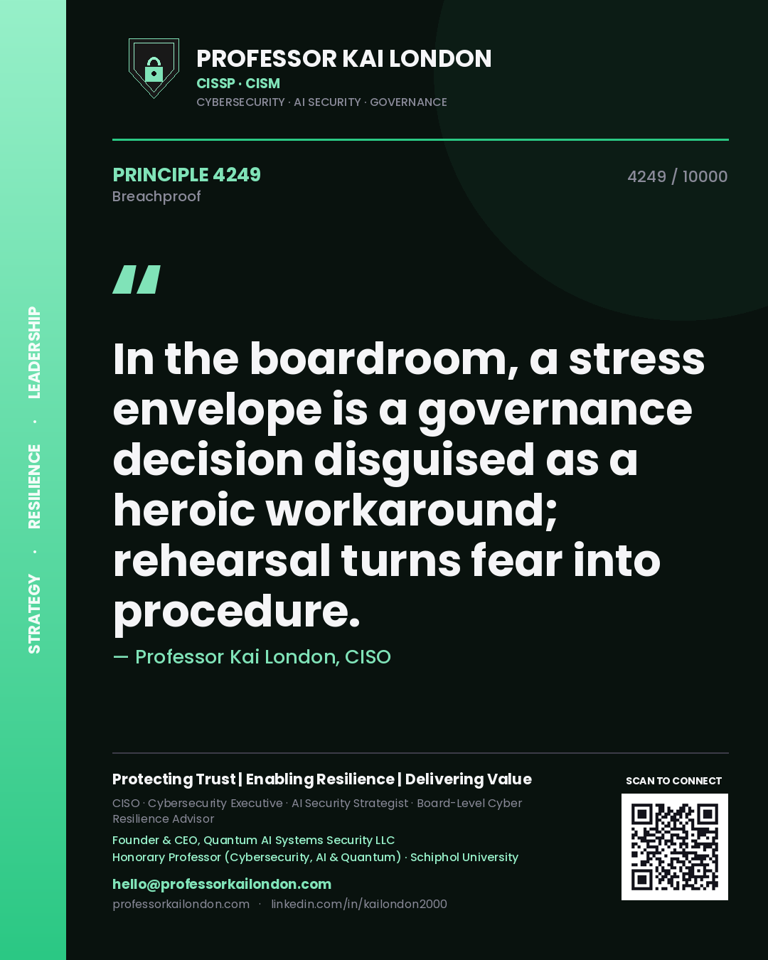Professor Kai London principle 4249: In the boardroom, a stress envelope is a governance decision disguised as a heroic workaround; rehearsal turns fear into procedure.
