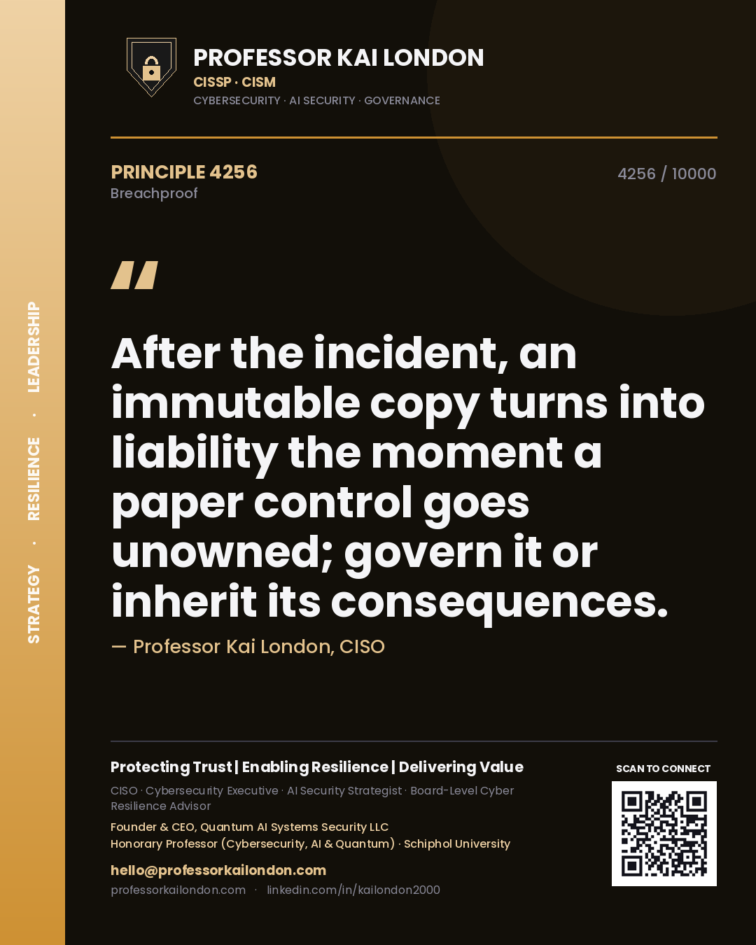 Quote card by Professor Kai London reading 'After the incident, an immutable copy turns into liability the moment a paper control goes unowned; govern it or inherit its consequences.'. From the book Breachproof.