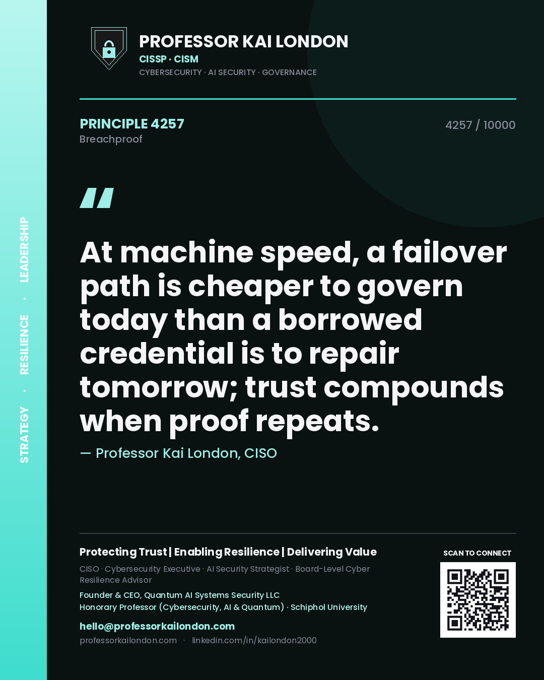 Quote card by Professor Kai London reading 'At machine speed, a failover path is cheaper to govern today than a borrowed credential is to repair tomorrow; trust compounds when proof repeats.'. From the book Breachproof.