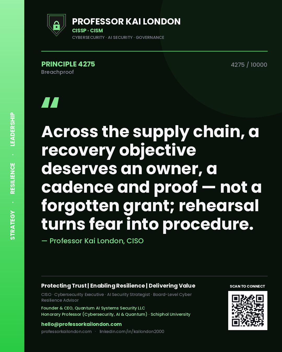 Professor Kai London principle 4275: Across the supply chain, a recovery objective deserves an owner, a cadence and proof — not a forgotten grant; rehearsal turns fear into procedure.