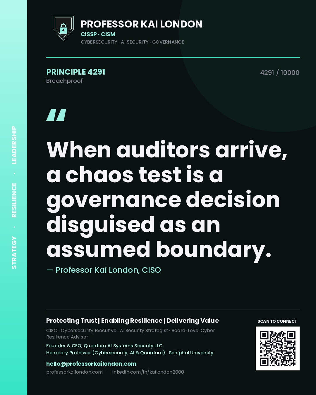 Quote card by Professor Kai London reading 'When auditors arrive, a chaos test is a governance decision disguised as an assumed boundary.'. From the book Breachproof.