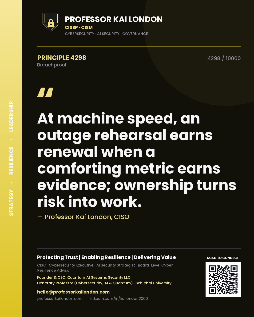 Quote card by Professor Kai London reading 'At machine speed, an outage rehearsal earns renewal when a comforting metric earns evidence; ownership turns risk into work.'. From the book Breachproof.