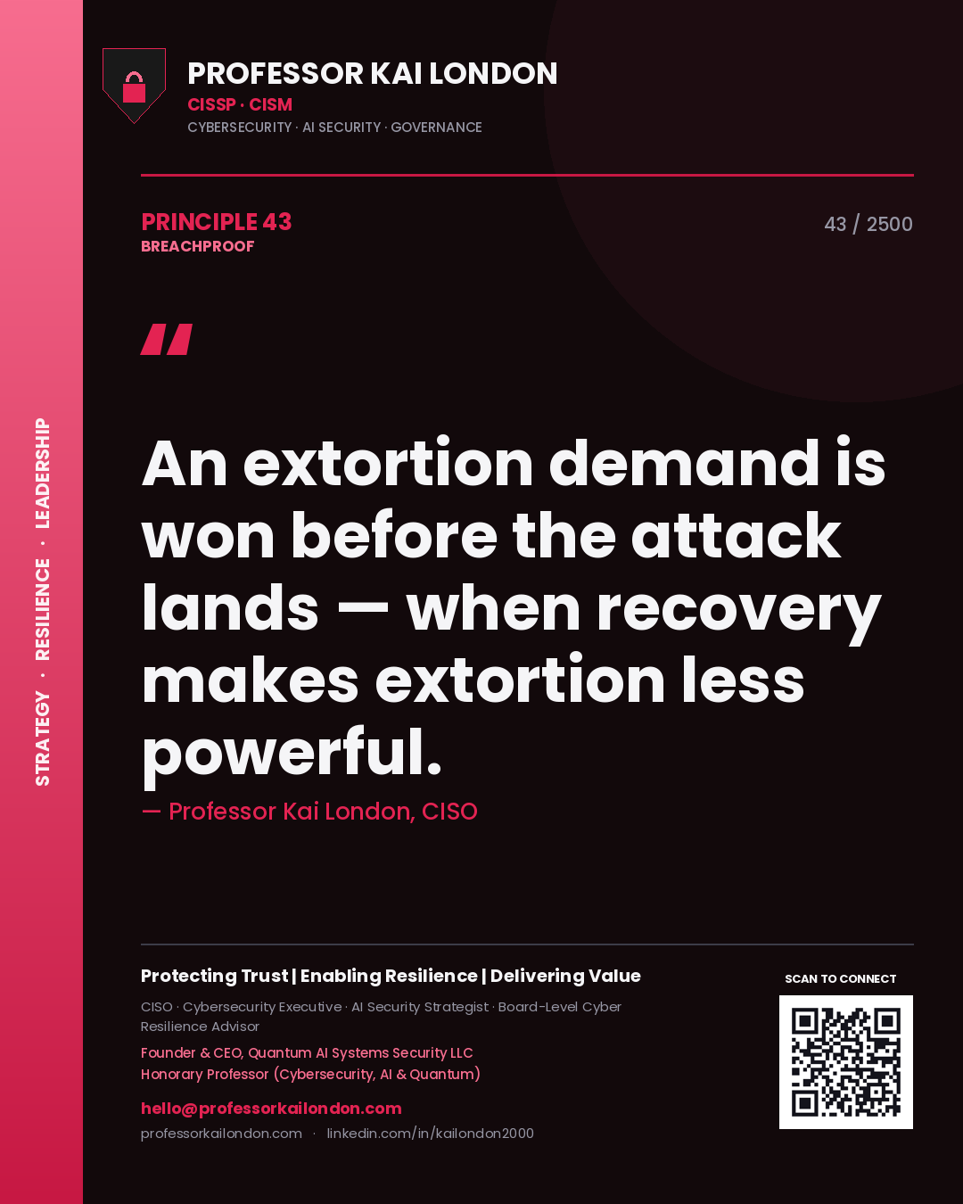 Quote card by Professor Kai London reading 'An extortion demand is won before the attack lands — when recovery makes extortion less powerful.'. From the book Breachproof.