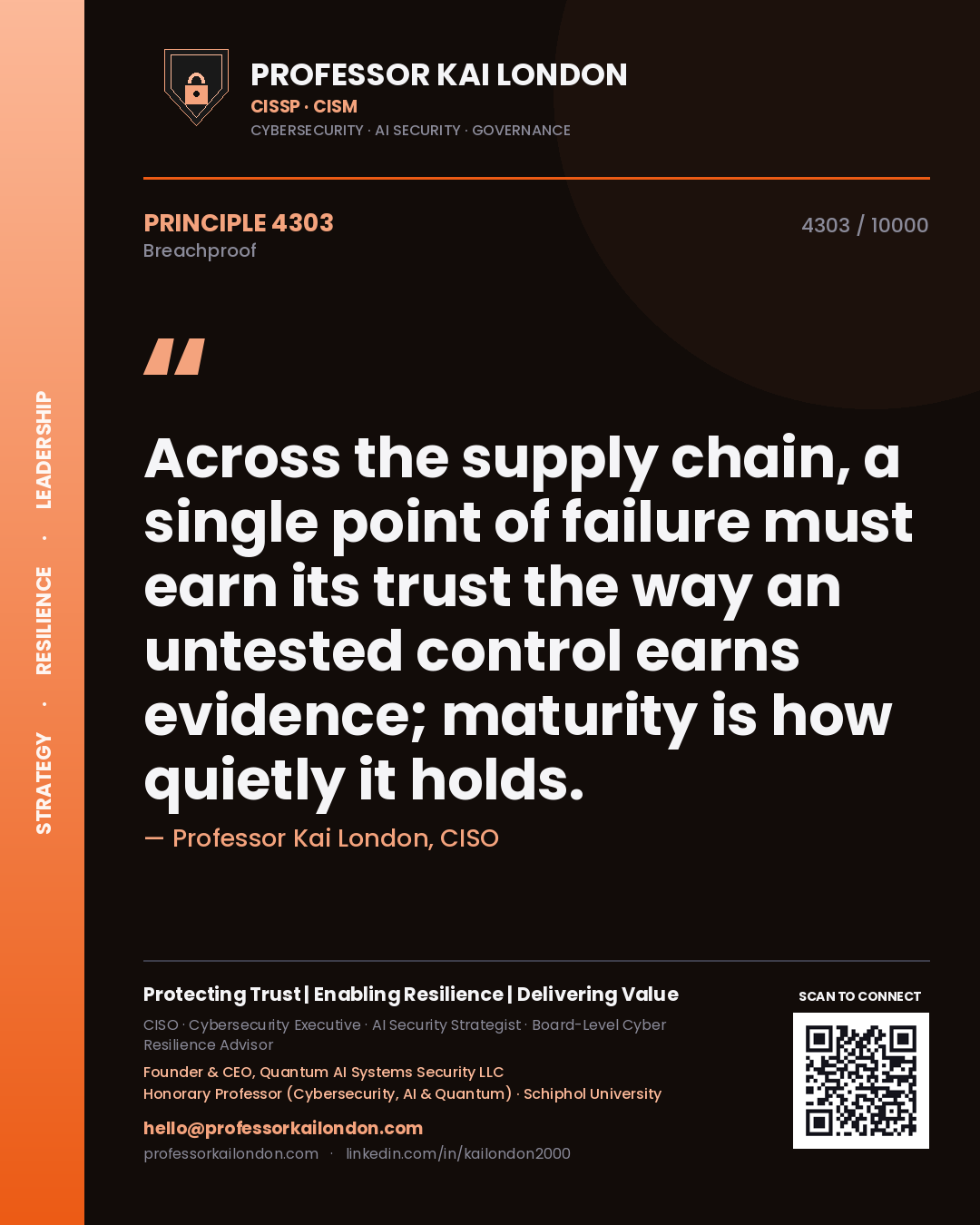 Quote card by Professor Kai London reading 'Across the supply chain, a single point of failure must earn its trust the way an untested control earns evidence; maturity is how quietly it holds.'. From the book Breachproof.